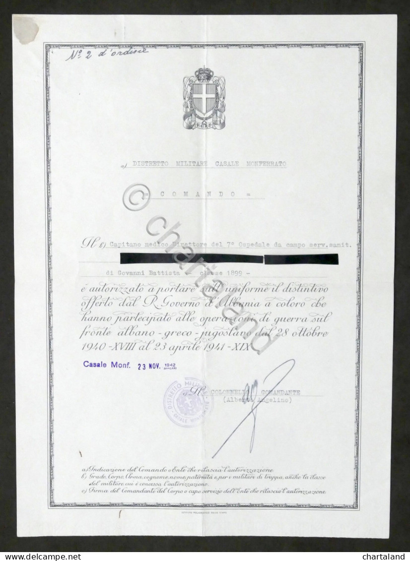 WWII - Autorizzazione A Fregiarsi Distintivo Offerto Dal Governo Di Albania 1942 - Documents