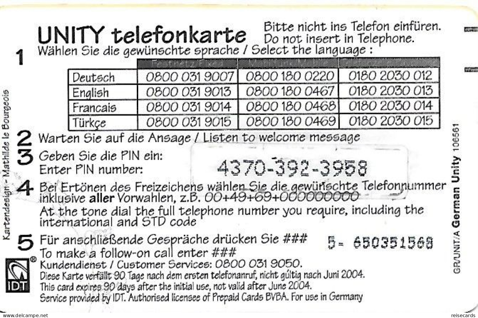 Germany: Prepaid IDT Unity 06.04 - Cellulari, Carte Prepagate E Ricariche