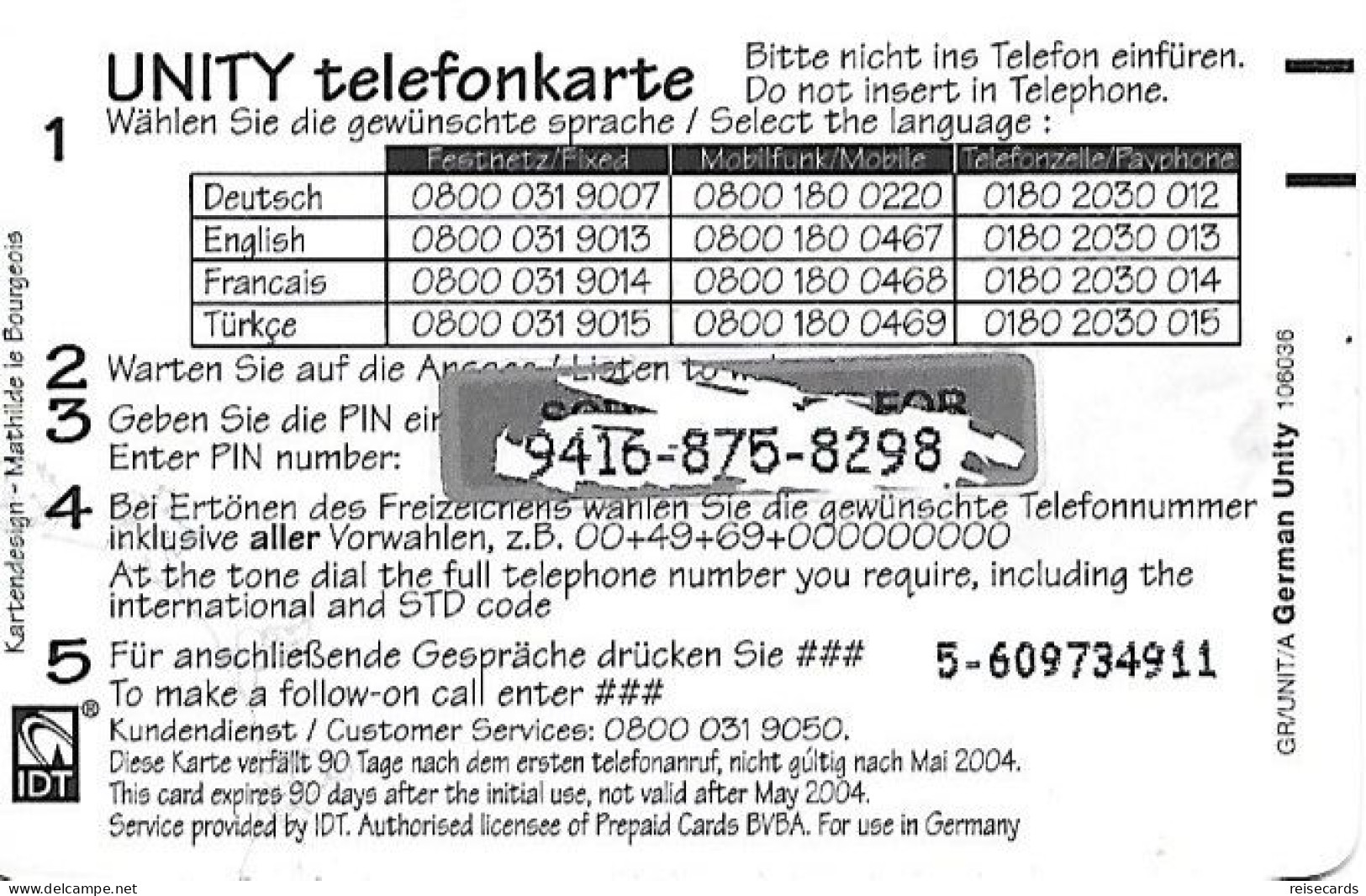 Germany: Prepaid IDT Unity 05.04 - Cellulari, Carte Prepagate E Ricariche