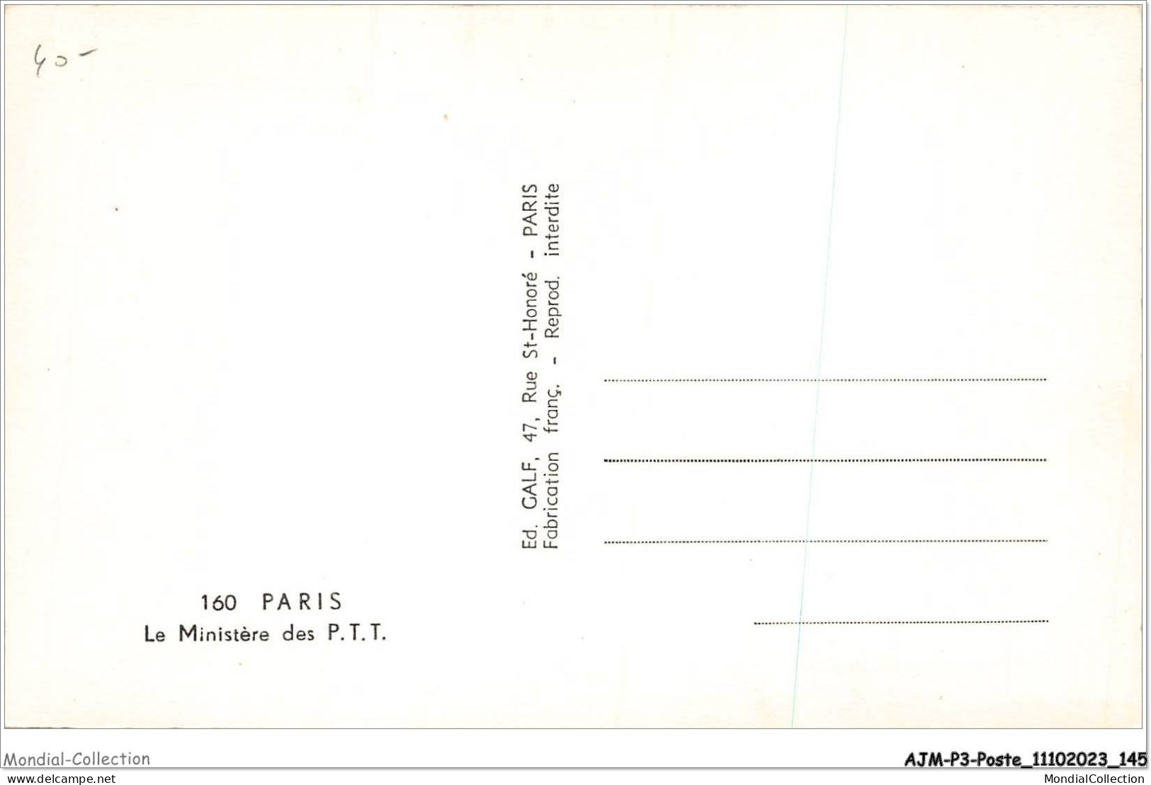 AJMP3-0242 - POSTE - PARIS - LE MINISTERE DES PTT - Post & Briefboten