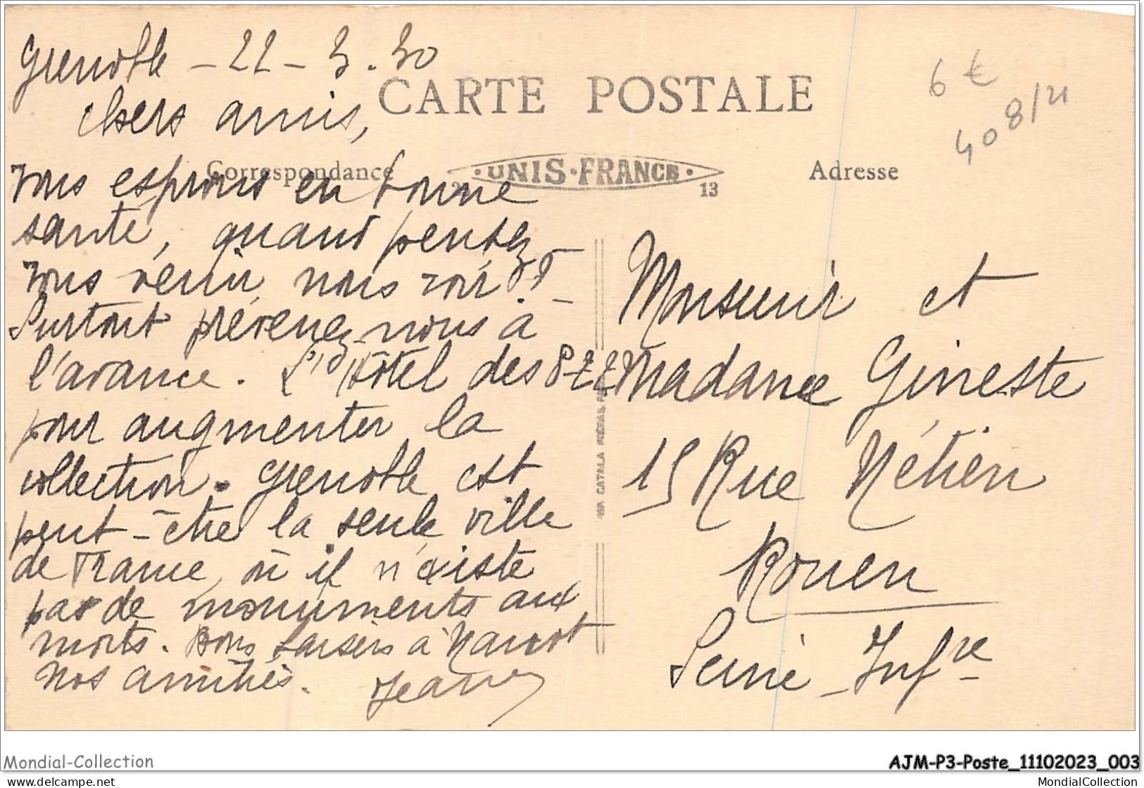 AJMP3-0171 - POSTE - GRENOBLE - L'HOTEL DES POSTES ET LA PLACE VAUCANSON - Post & Briefboten