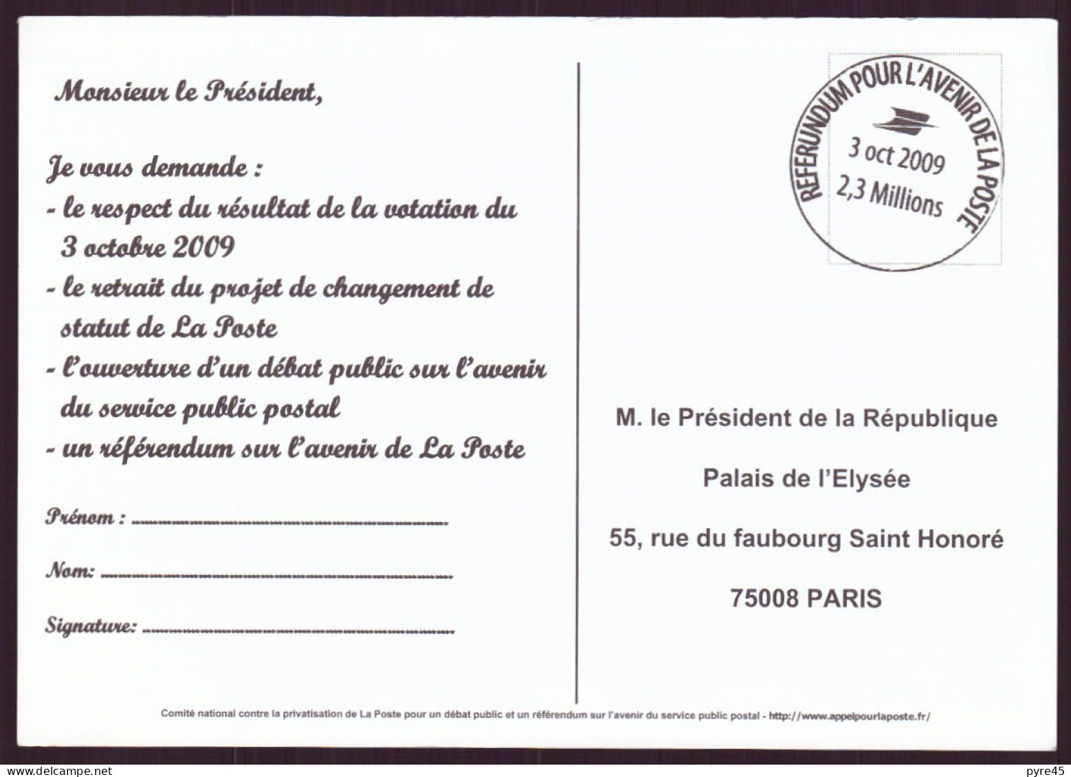 REFERENDUM POUR L AVENIR DE LA POSTE 2009 - Partidos Politicos & Elecciones