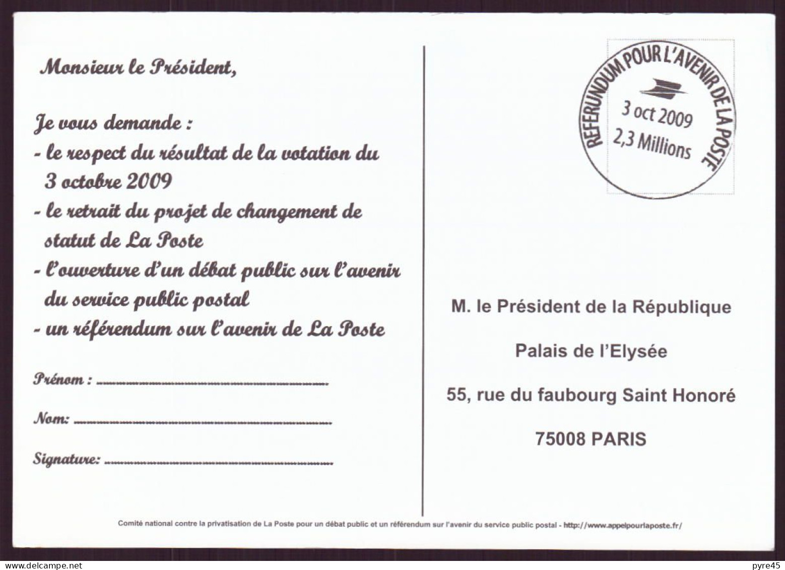 REFERENDUM POUR L AVENIR DE LA POSTE 2009 - Political Parties & Elections