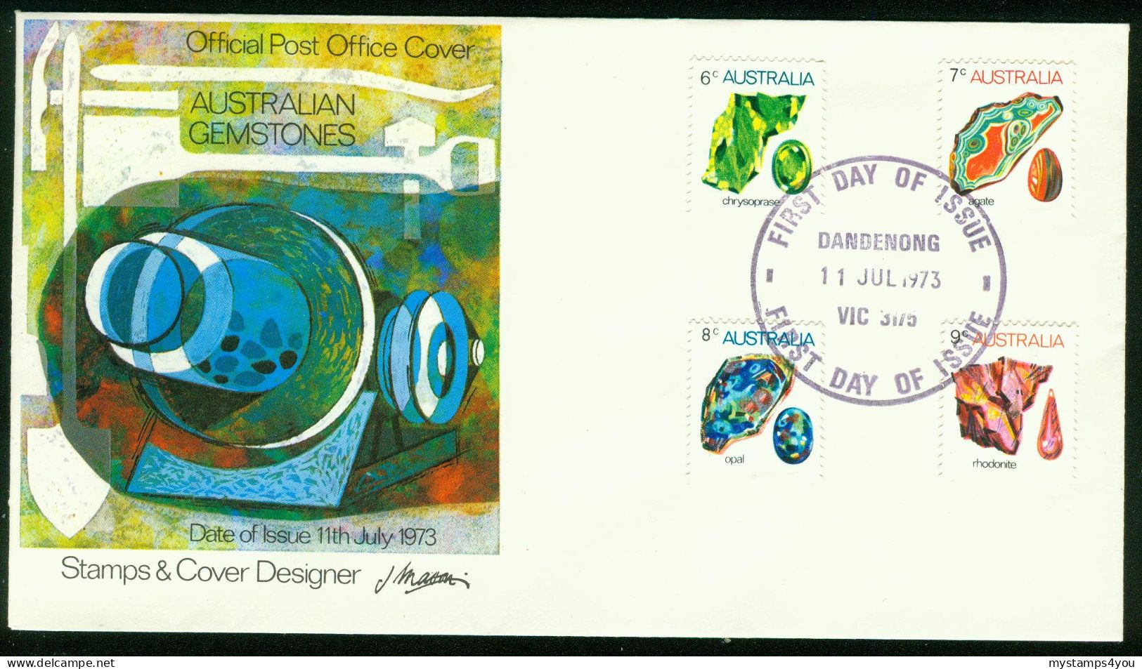 Fd Australia FDC 1973 MiNr 530-533 | Gemstones. Chrysoprase Agate Opal  Rhodonite (Dandenong) #fdc-3001 - Sobre Primer Día (FDC)