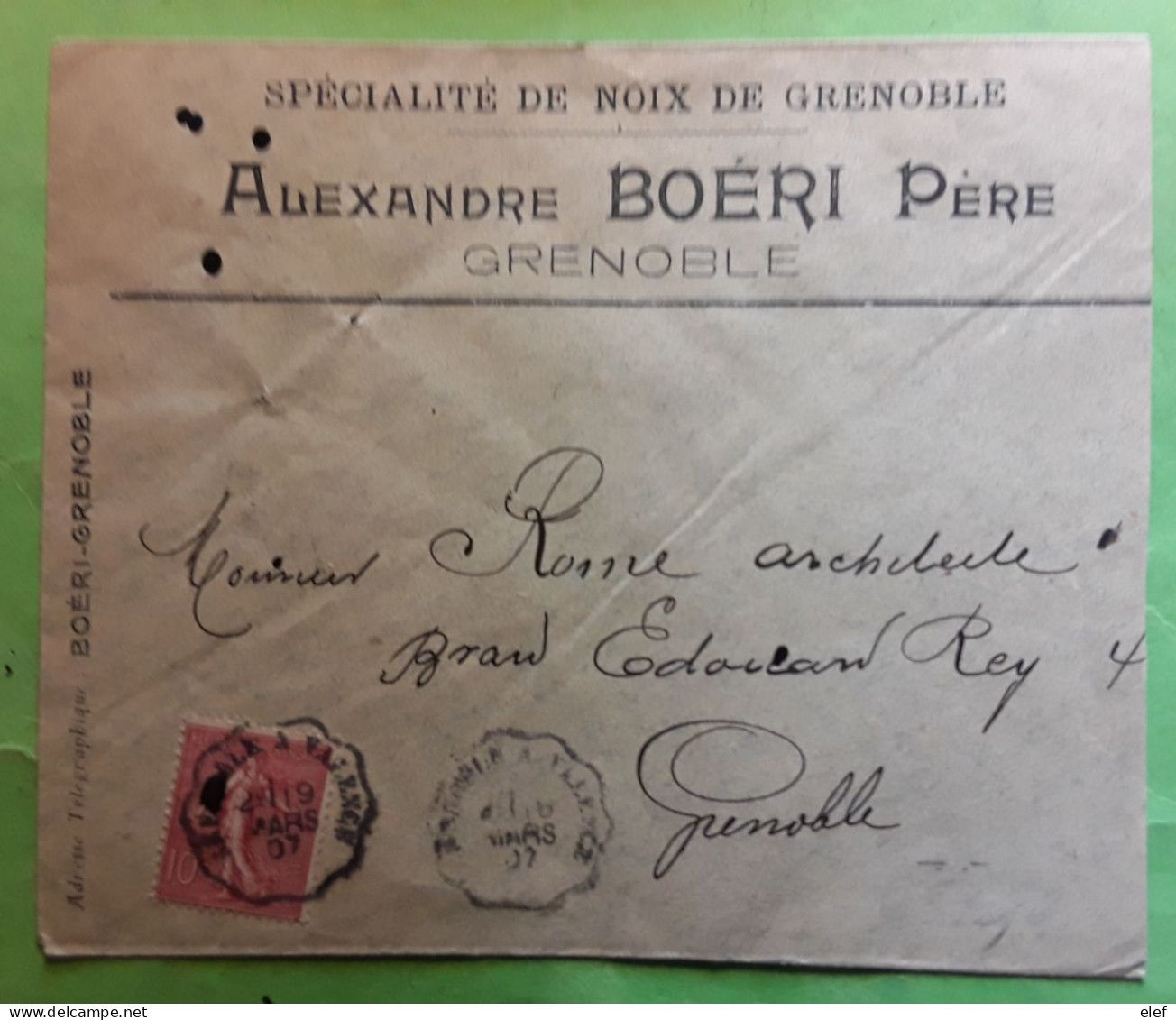 Lettre En Tête Spécialité NOIX DE GRENOBLE,Boeri,Isère Walnut,nut,convoyeur Grenoble A Valence,Semeuse Lignée 129,1907 - Fruits