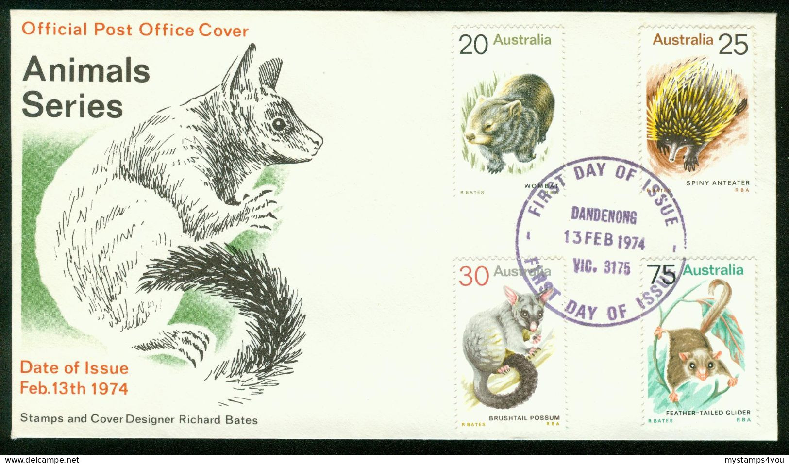 Fd Australia FDC 1974 MiNr 542-545 | Animals. Wombat Short-nosed Echidna Possum Pygmy Glider (Dandenong) #fdc-3002 - FDC