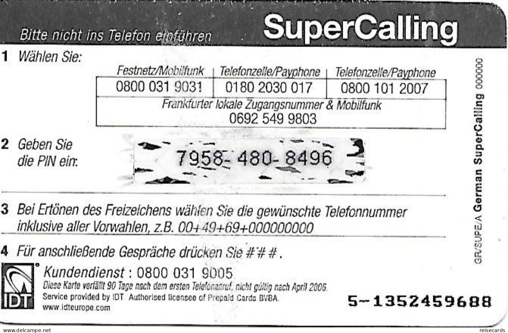 Germany: Prepaid IDT SuperCalling - GSM, Cartes Prepayées & Recharges