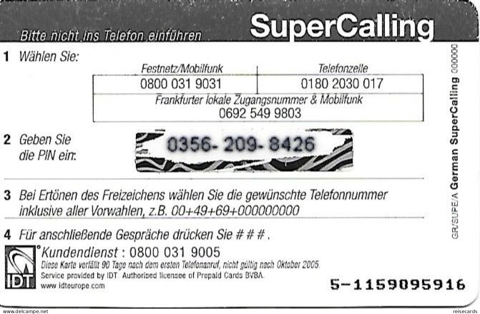 Germany: Prepaid IDT SuperCalling 10.05 - GSM, Cartes Prepayées & Recharges