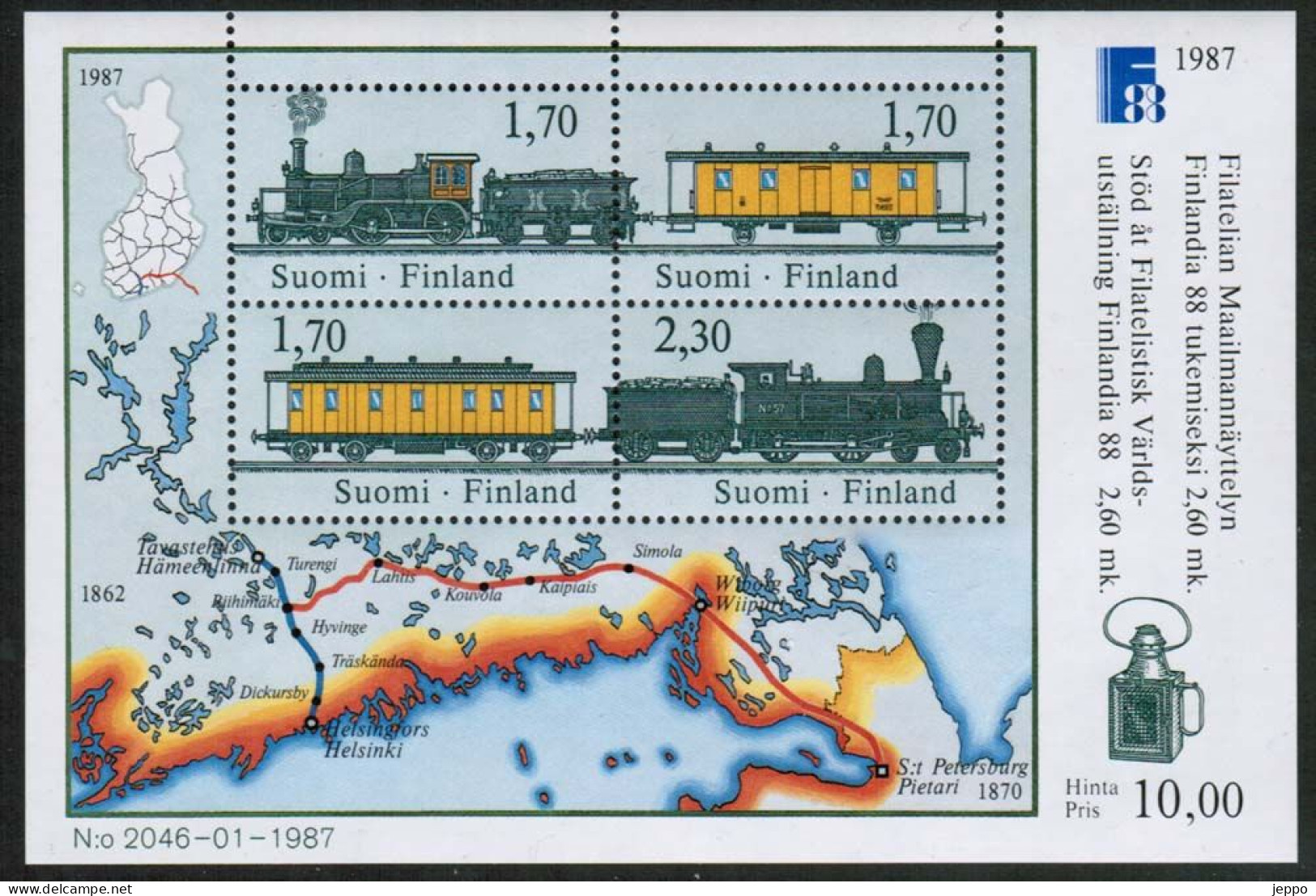 1987 Finland Michel Bl 3, Finlandia 88 Trains, MNH. - Blocks & Kleinbögen