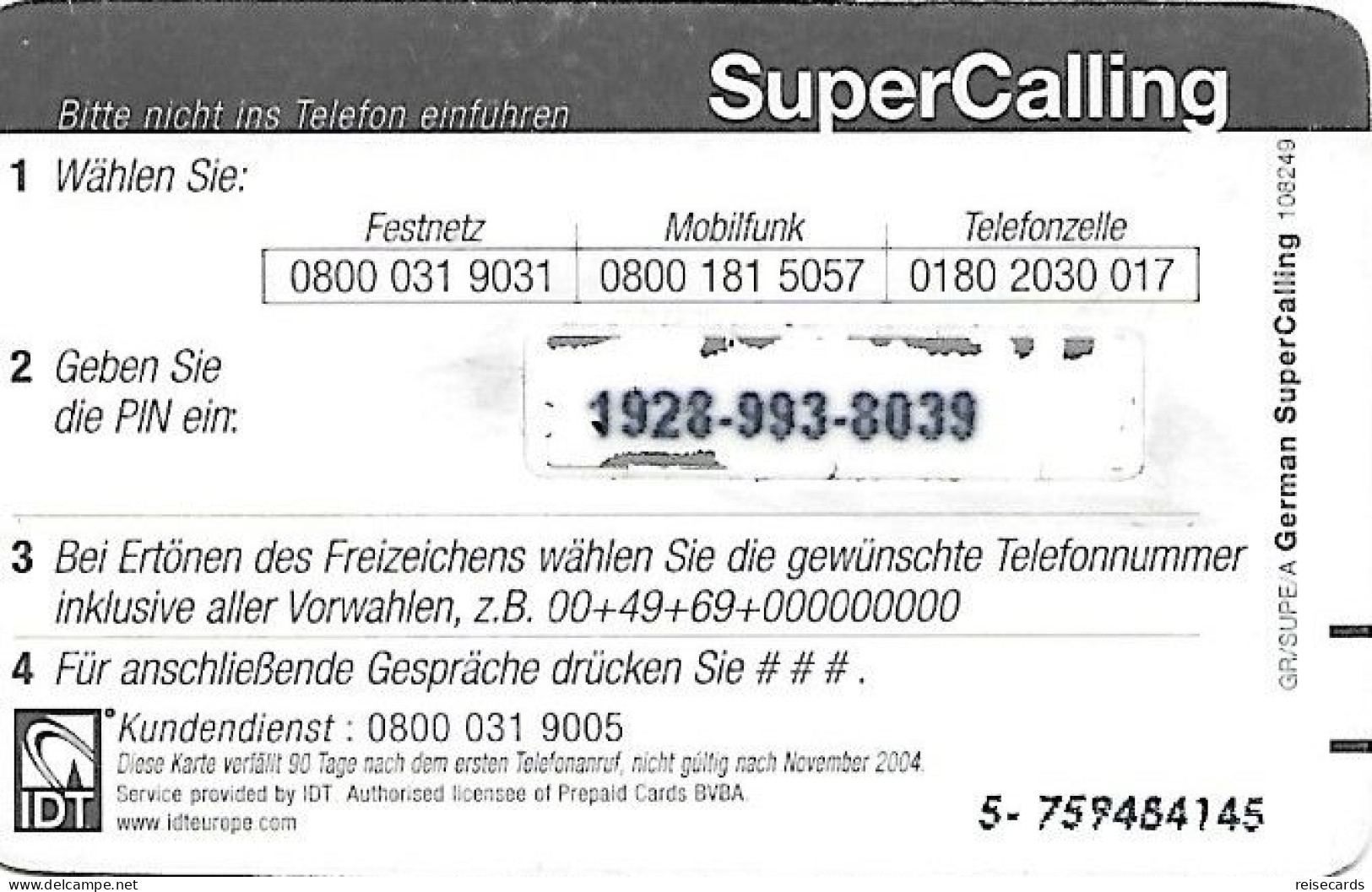 Germany: Prepaid IDT SuperCalling 11.04 - GSM, Voorafbetaald & Herlaadbare Kaarten