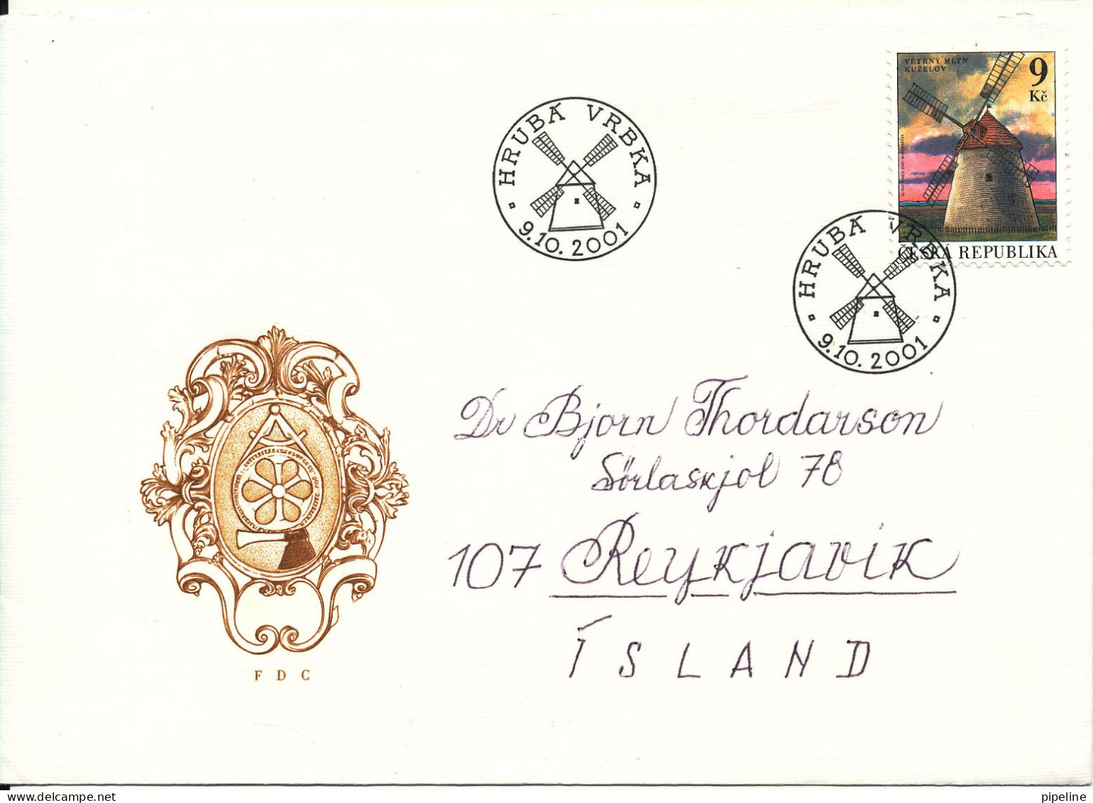 Czech Republic FDC 9-10-2001 Windmill With Cachet And Sent To Iceland - FDC