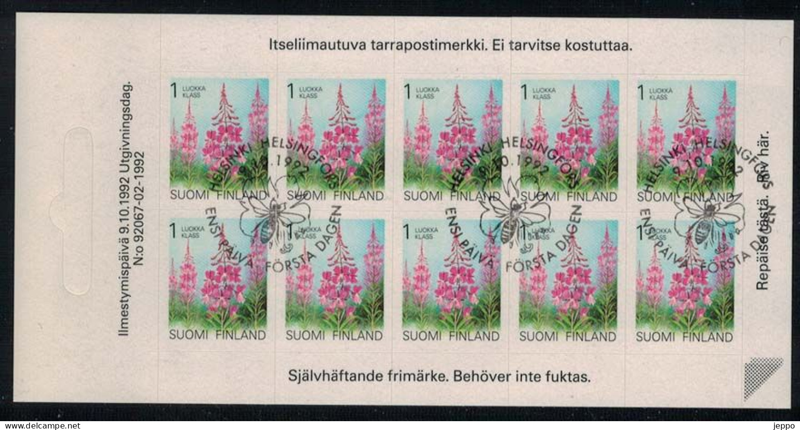 1992 Finland, Flowers, FD Stamped Sheet. M 1193. - Oblitérés