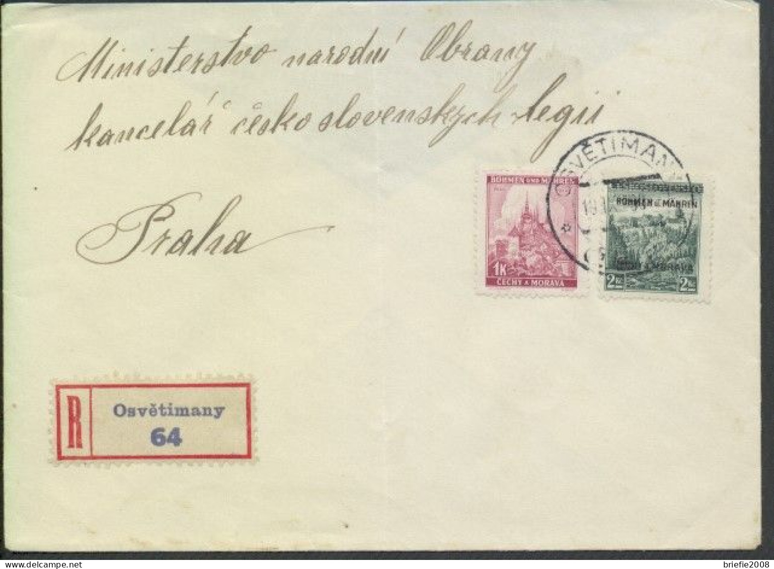 Böhmen Und Mähren # 14 +28 Portorichtiger R-Fernbrief Osvetimany 19.9.39 > Prag - Briefe U. Dokumente