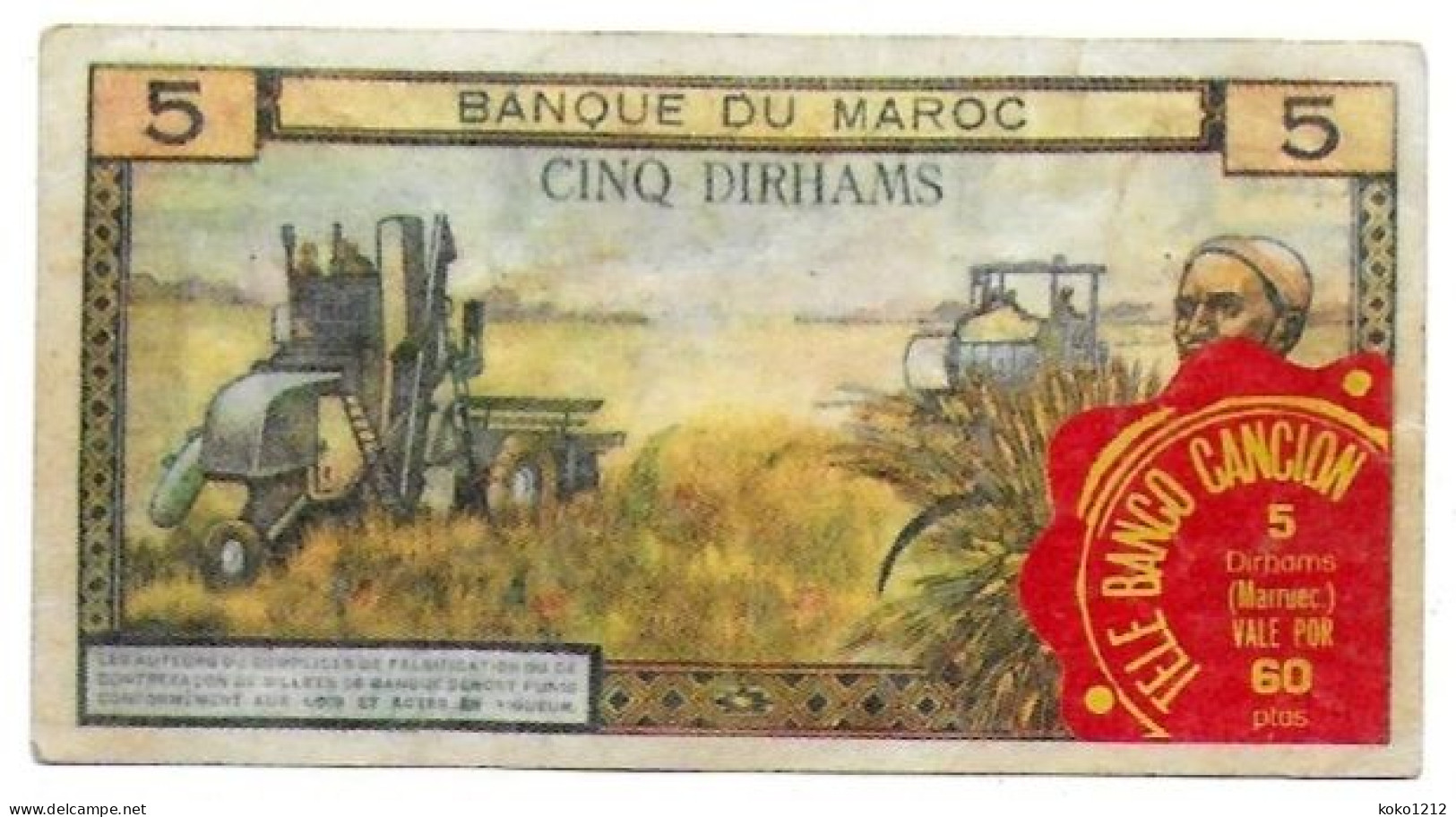 (Billets). Maroc. Morocco. 5 Dirhams ND 1969 (2). Objet Pub. Petit Format 6.5 X 3.5 Cm. Serie TELE BANCO CANCION - Marokko