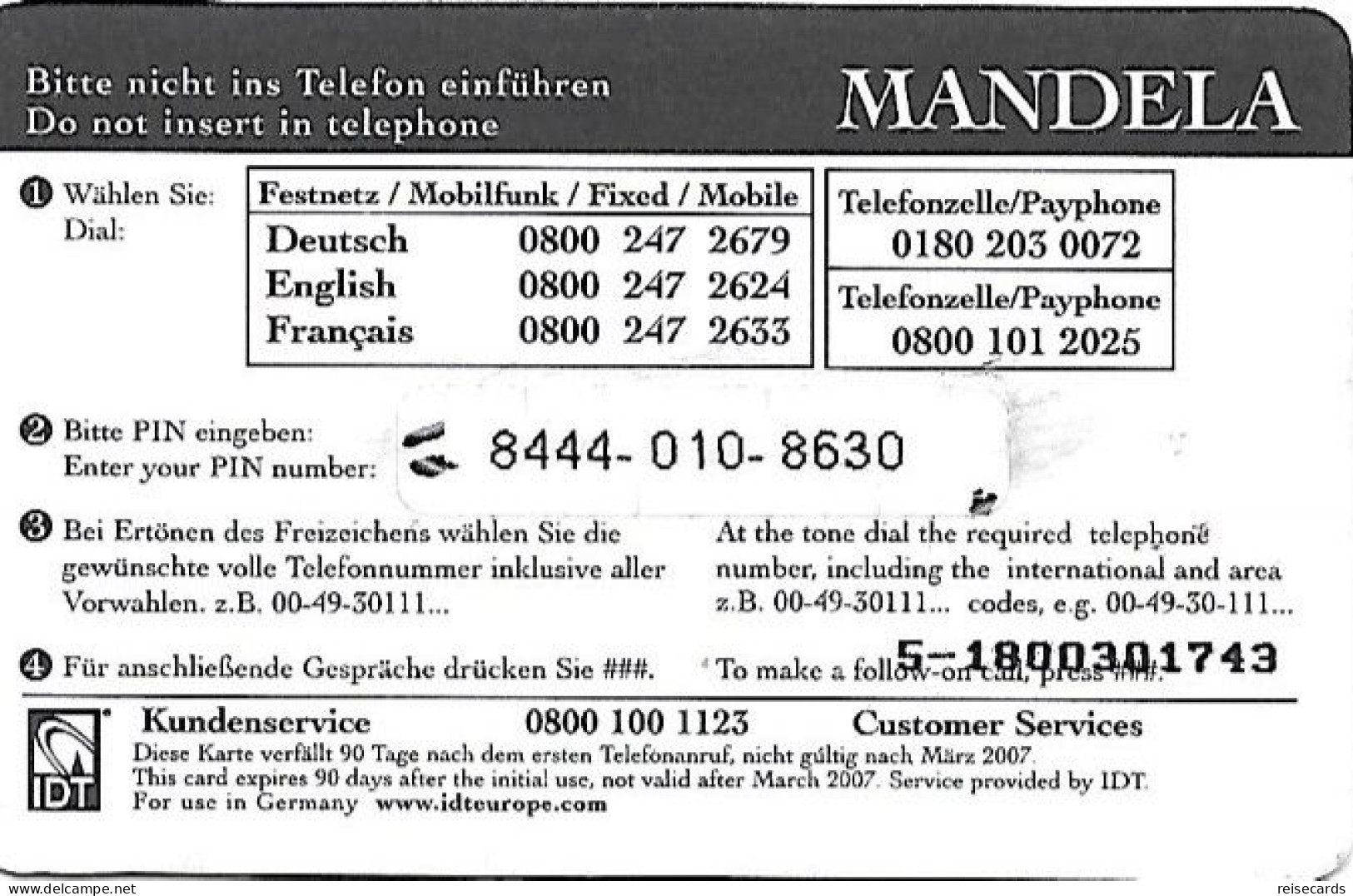 Germany: Prepaid IDT Nelson Mandela - [2] Mobile Phones, Refills And Prepaid Cards