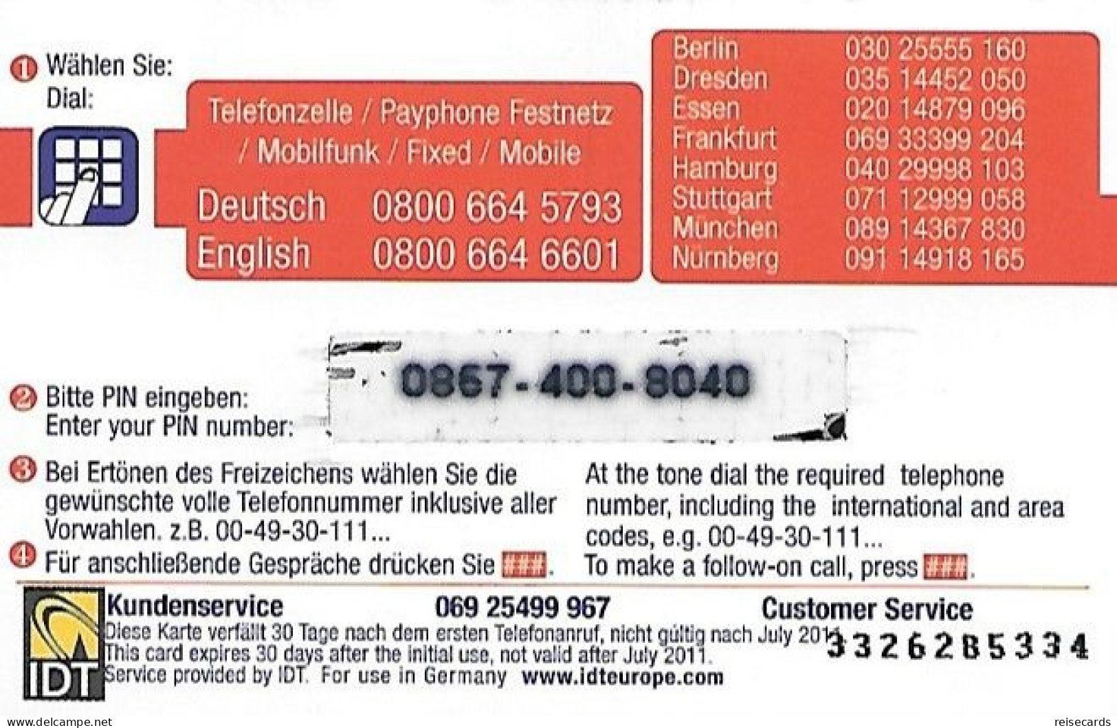 Germany: Prepaid IDT Hot Gold - Cellulari, Carte Prepagate E Ricariche