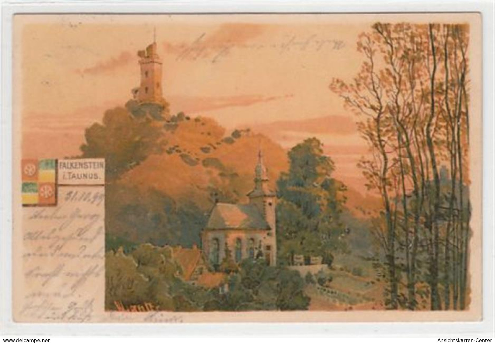 39093802 - Falkenstein Bei Koenigstein Im Taunus, Lithographie. Kirche Mit Ruine Gelaufen, 1899. Gute Erhaltung. - Königstein