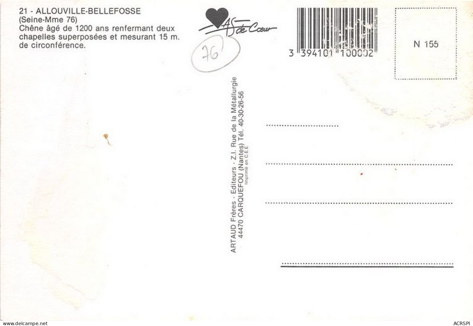 ALLOUVILLE BELLEFOSSE Chene Age De 1200 Ans Mesurant 15m De Circonference 2 (SCAN RECTO VERSO)MA0043 - Allouville-Bellefosse