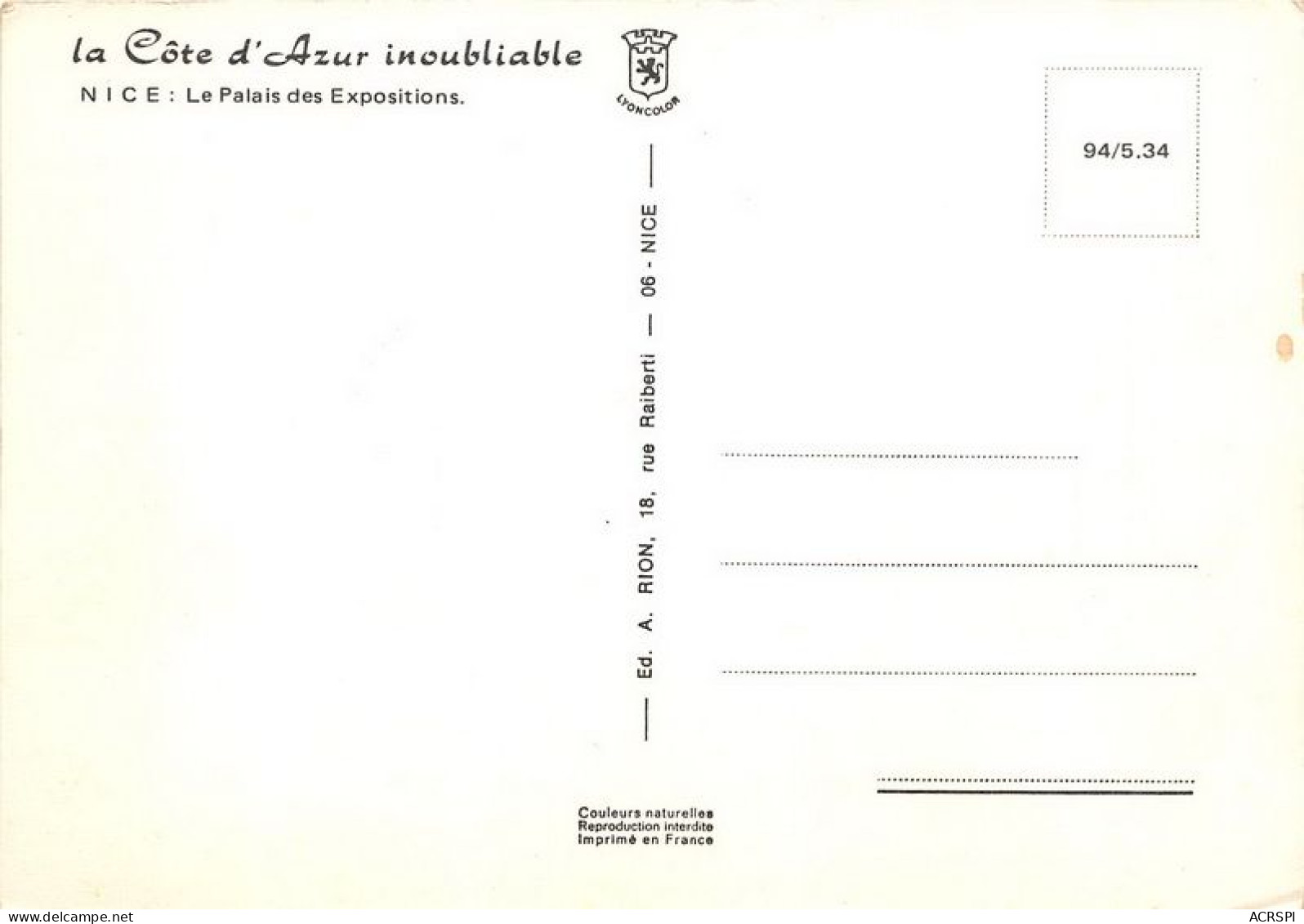 La Cote D Azur Inoubliable NICE Le Palais Des Expositions(SCAN RECTO VERSO)MA004 - Monuments, édifices