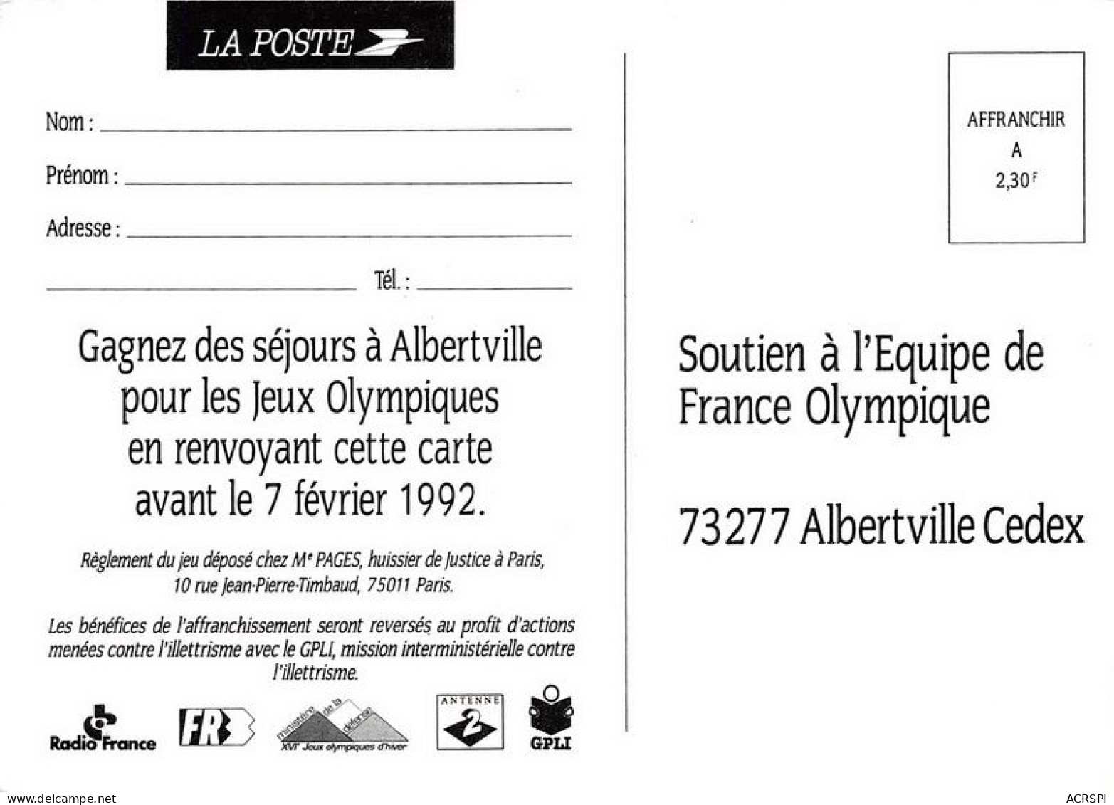 ALBERTVILLE 1992 JO Jeux Olympique Je Soutiens L Equipe De France Ski Sport PUB Publicité   (SCAN RECTO VERSO)MA0082 - Jeux Olympiques