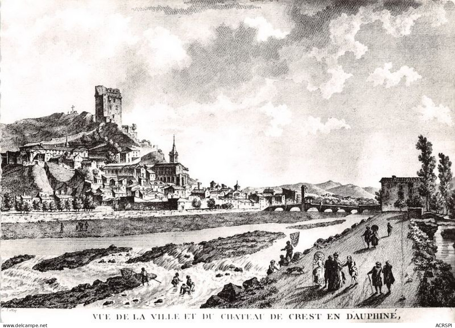 Vue De La Ville Et Du Chateau De CREST En Dauphine Gravure Du XVIIIe Siecle(SCAN RECTO VERSO)MA0074 - Crest
