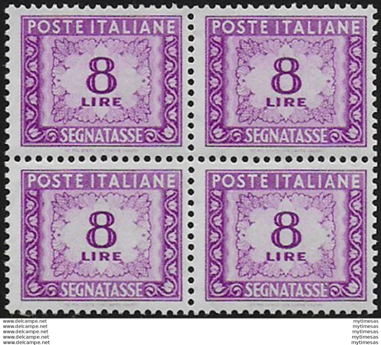 1956 Italia Segnatasse Lire 8 Lilla Quartina MNH Sass N. 112 - Autres & Non Classés