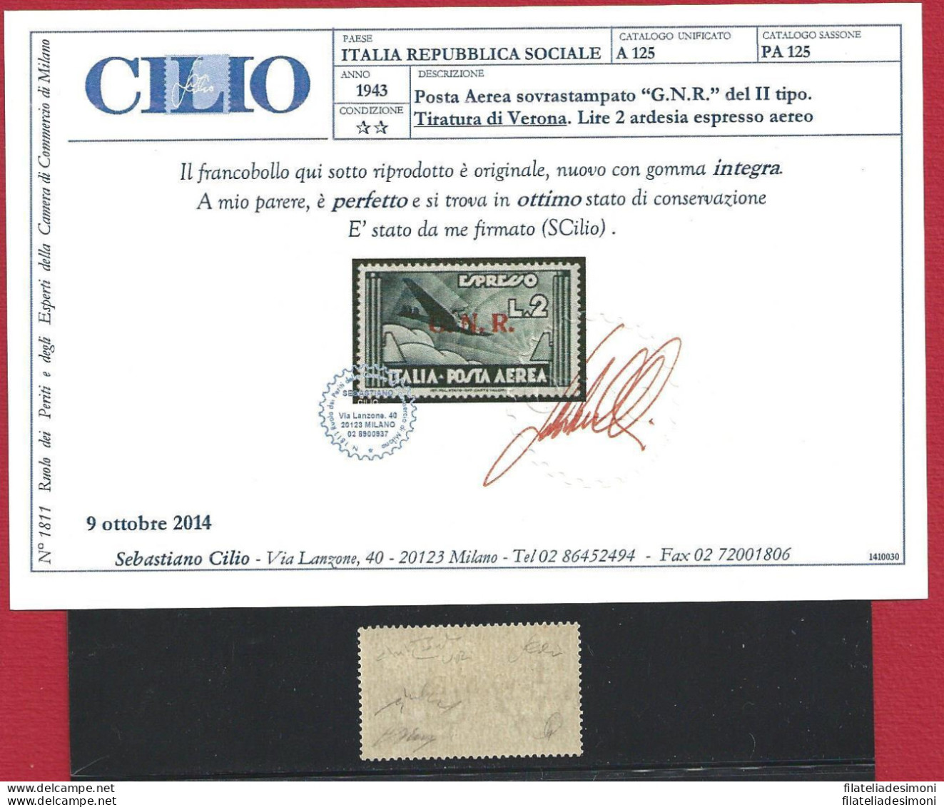 1944 RSI, Posta Aerea N° 125,  2 Lire Ardesia , MNH** Certificato CILIO - Altri & Non Classificati