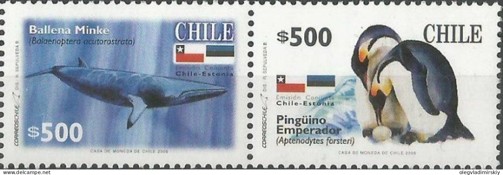 Chile Chili 2006 Antarctic Fauna Penguin Whale Joint With Estonia Strip Of 2 Stamps MNH - Pinguïns & Vetganzen