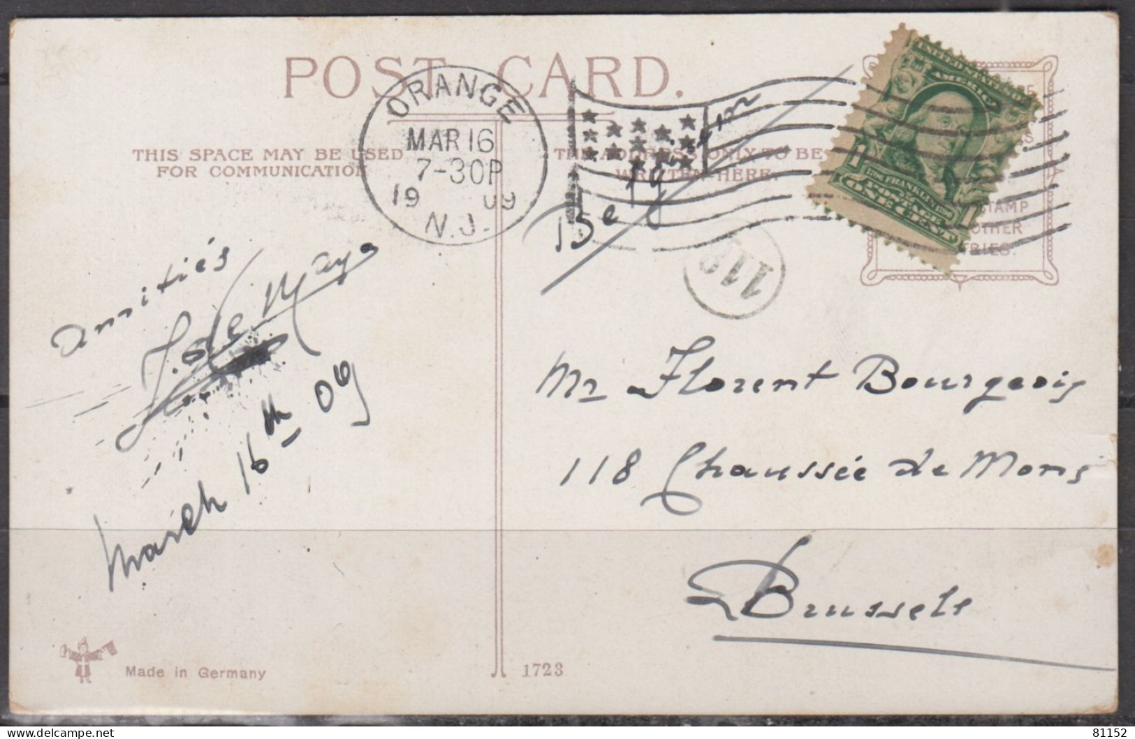 U.S.A.  FRANKLIN 1c Sur CPA De NEW-YORK  Postée à ORANGE New Jersey Le 16 March 1909 Pour BRUSSELS Belgique - Covers & Documents