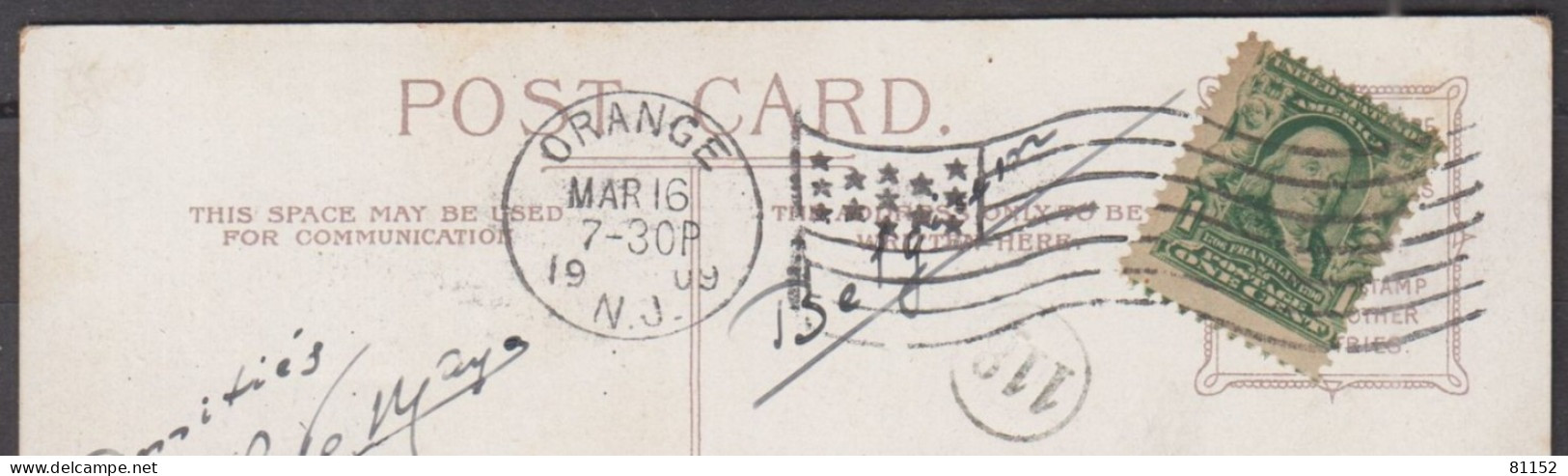 U.S.A.  FRANKLIN 1c Sur CPA De NEW-YORK  Postée à ORANGE New Jersey Le 16 March 1909 Pour BRUSSELS Belgique - Cartas & Documentos