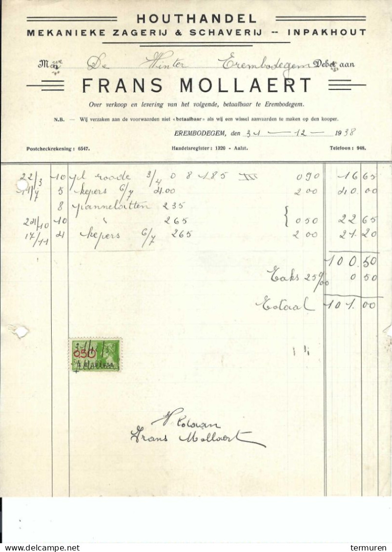Erembodegem: Houthandel Frans Mollaert -factuur 1938 - 1900 – 1949