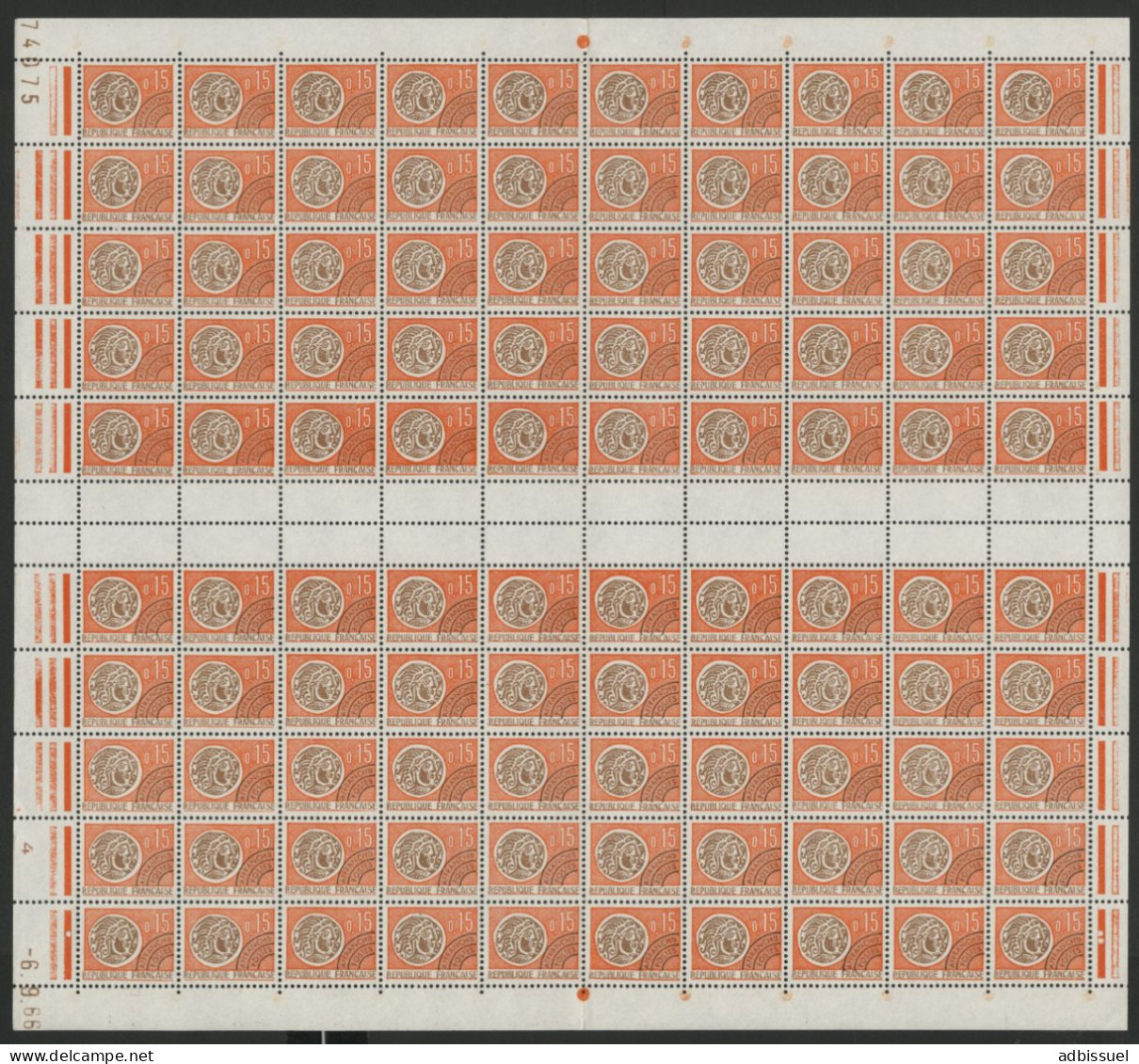 PREOBLITERES N° 124 Monnaie Feuille Complète De 100 Ex Neufs ** MNH + Coin Daté Cote 30 € Vendu à 12 % De La Cote - Full Sheets