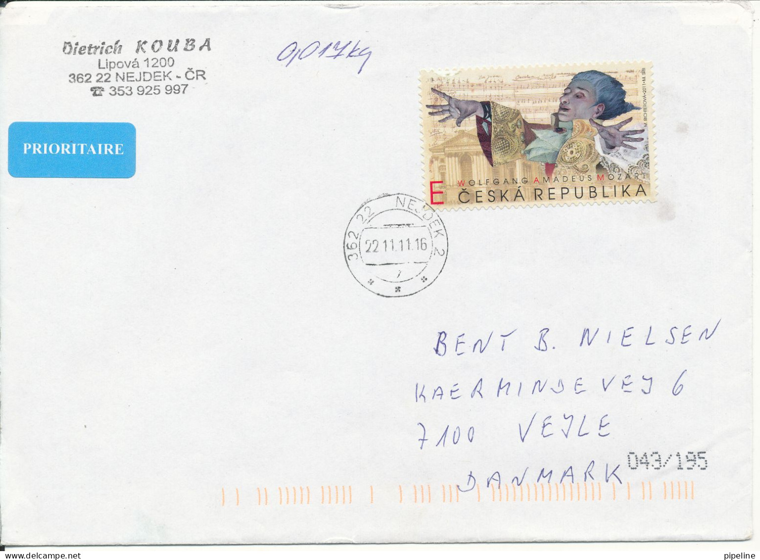 Czech Republic Cover Sent To Denmark 22-11-2011 Single Franked - Covers & Documents