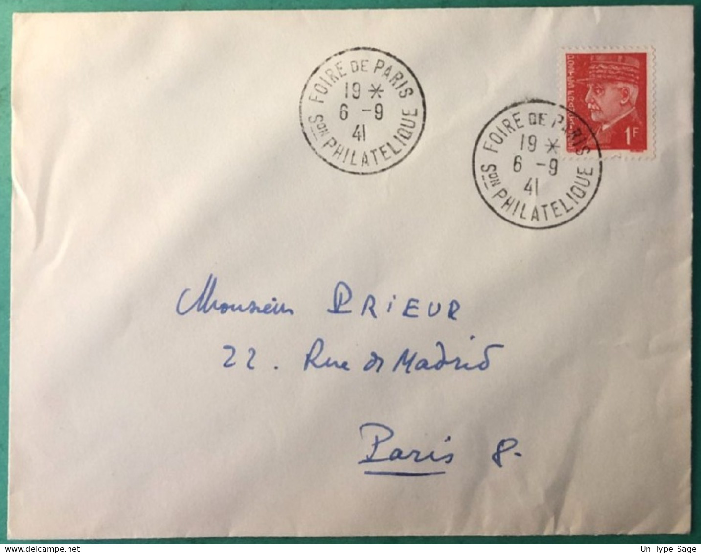 France, Divers Sur Enveloppe, TAD FOIRE DE PARIS Son PHILATELIQUE 6.9.1941 - (A1118) - Commemorative Postmarks
