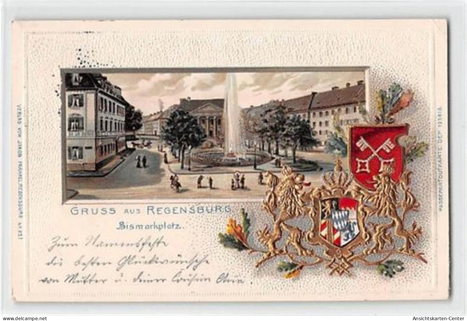 39116202 - Lithographie Regensburg. Bismarkplatz Mit Praegewappen Gelaufen Kleiner Knick Oben Rechts, Leichte Stempelsp - Regensburg