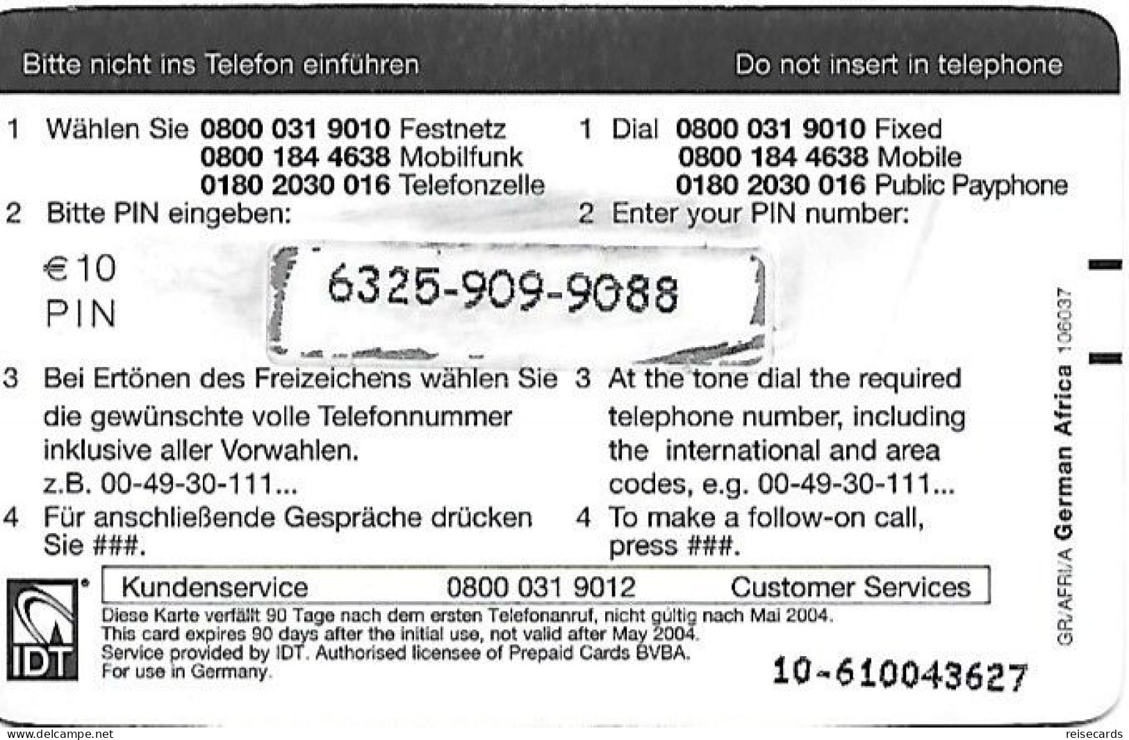 Germany: Prepaid IDT Afrika Karte 05.04 - GSM, Voorafbetaald & Herlaadbare Kaarten