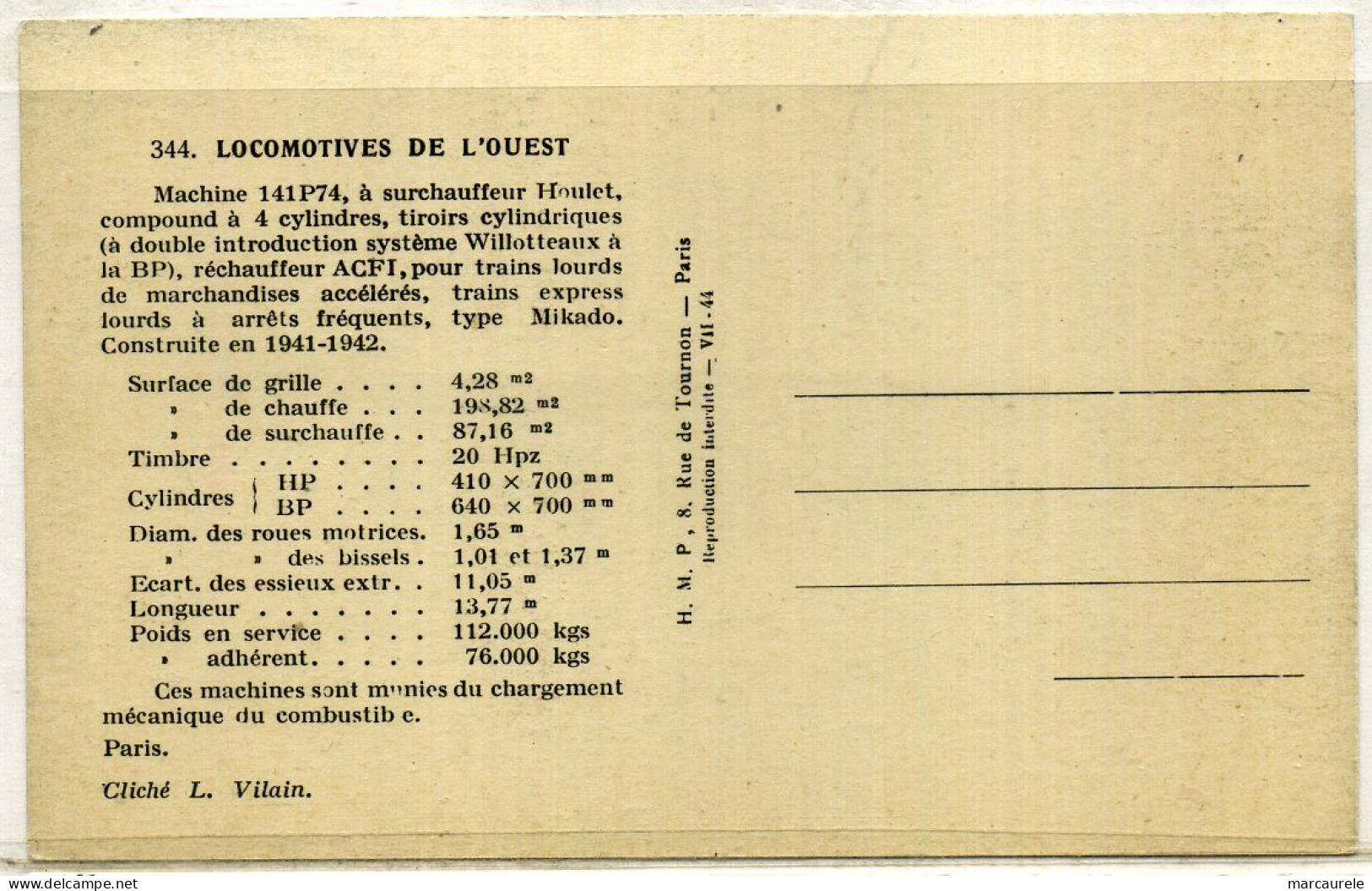 Cpa Locomotive SNCF Ouest 141P N° 74, Beau Plan - Zubehör