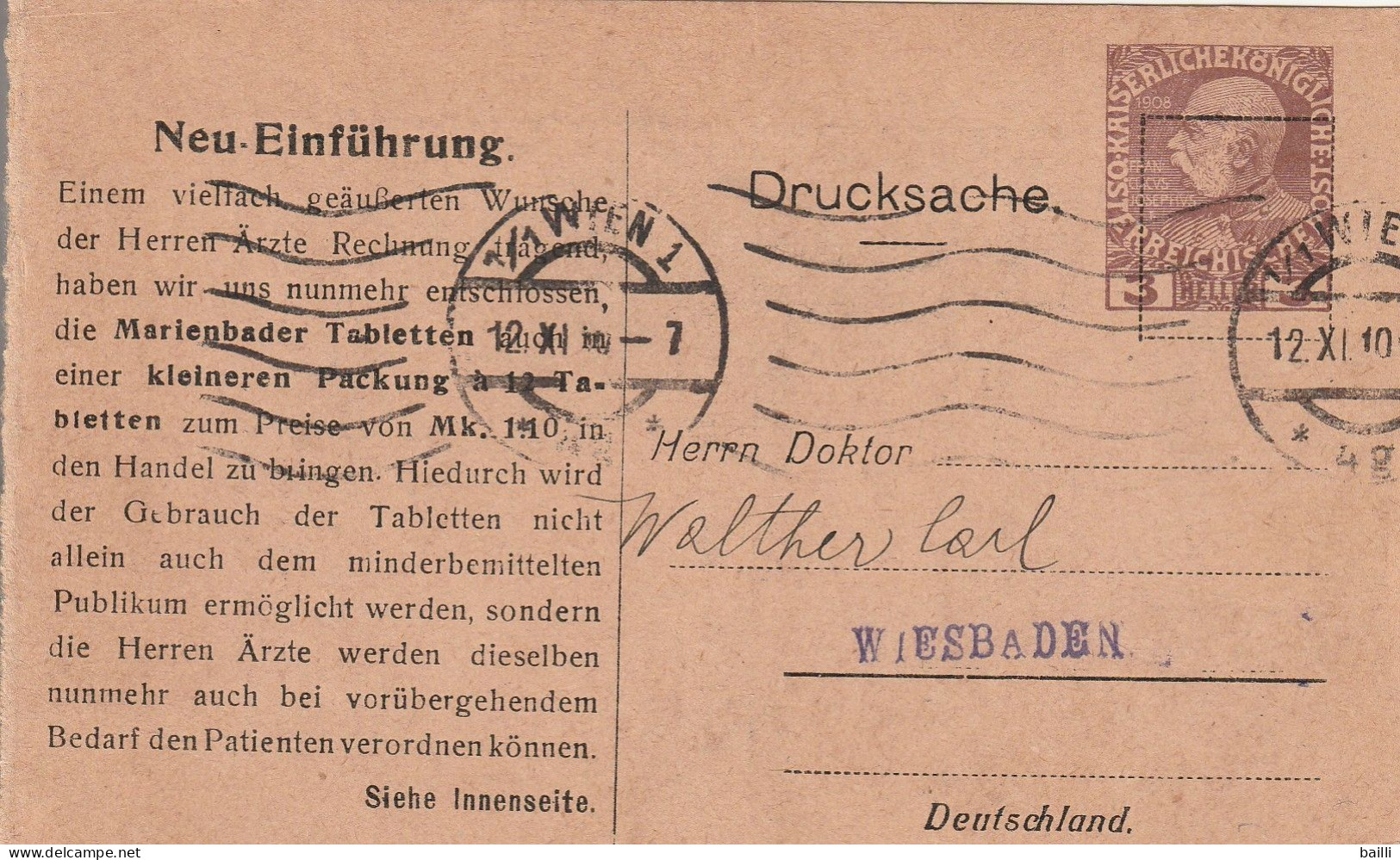 Autriche Entier Postal Privé Wien Pour L'Allemagne 1910 - Postcards