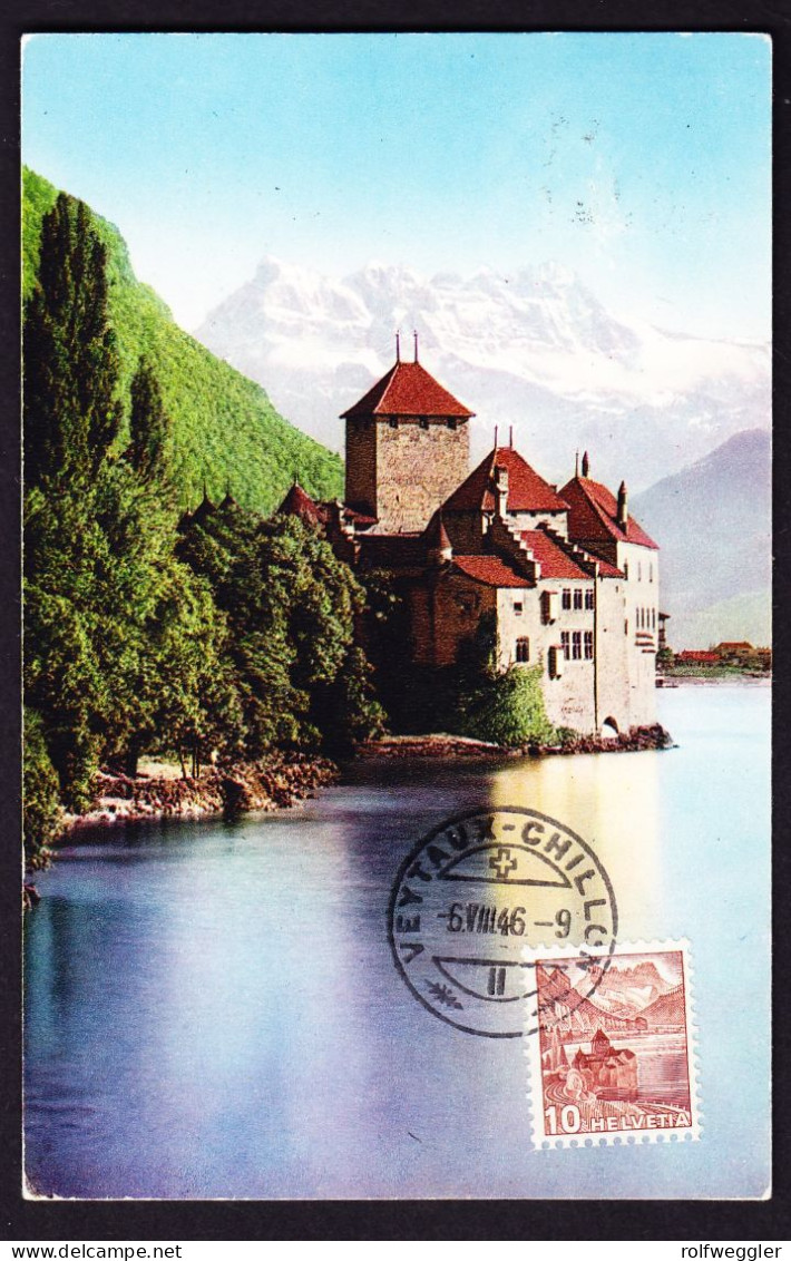 1946 Château De Chillon Gelaufene Maximum Karte, Gestempelt VEYTRAUX-CHILLON. Mit Originalunterschrift. - Maximumkaarten