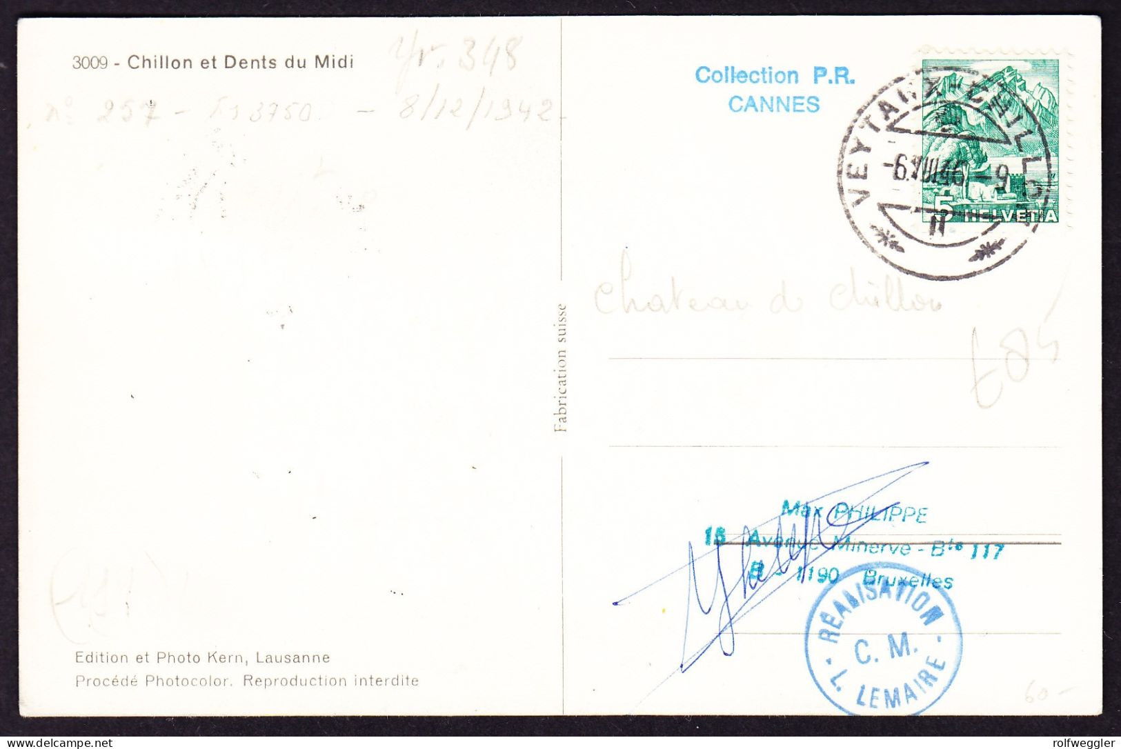 1946 Château De Chillon Gelaufene Maximum Karte, Gestempelt VEYTRAUX-CHILLON. Mit Originalunterschrift. - Maximum Cards