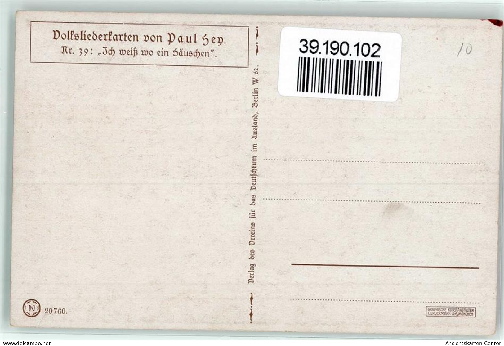 39190102 - Volksliederkarte Nr. 39  Verlag VDA  Naehen AK - Hofer, André