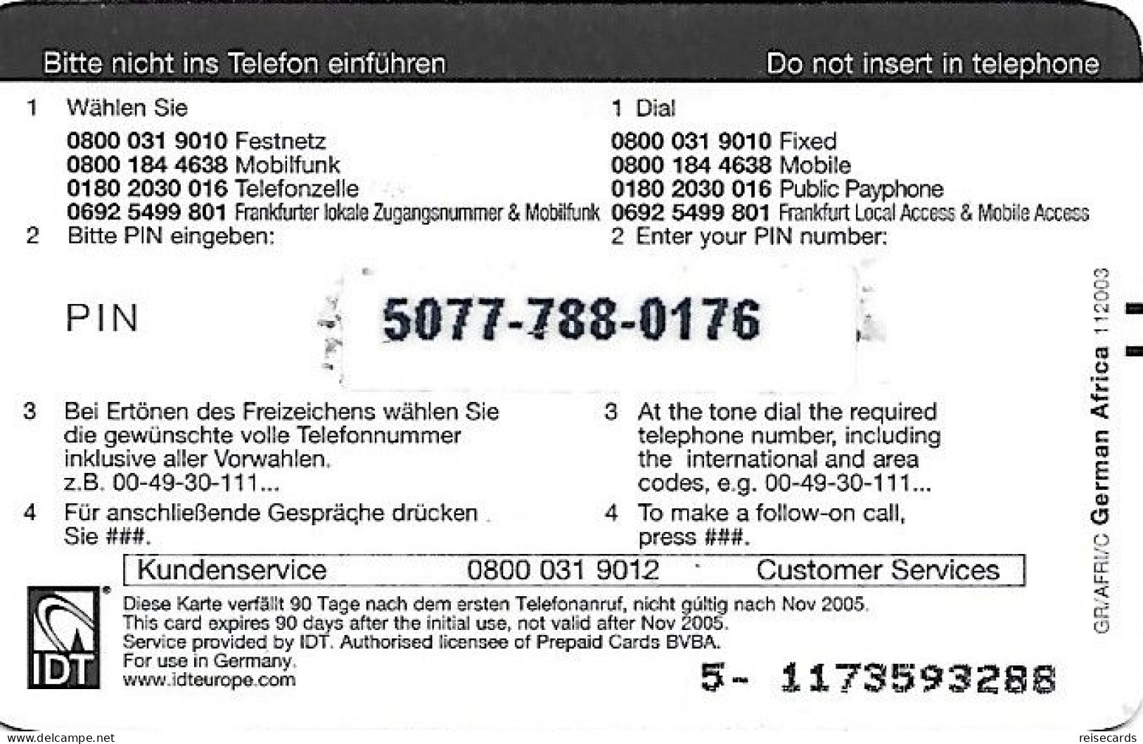 Germany: Prepaid IDT Afrika Karte 11.05 - [2] Móviles Tarjetas Prepagadas & Recargos