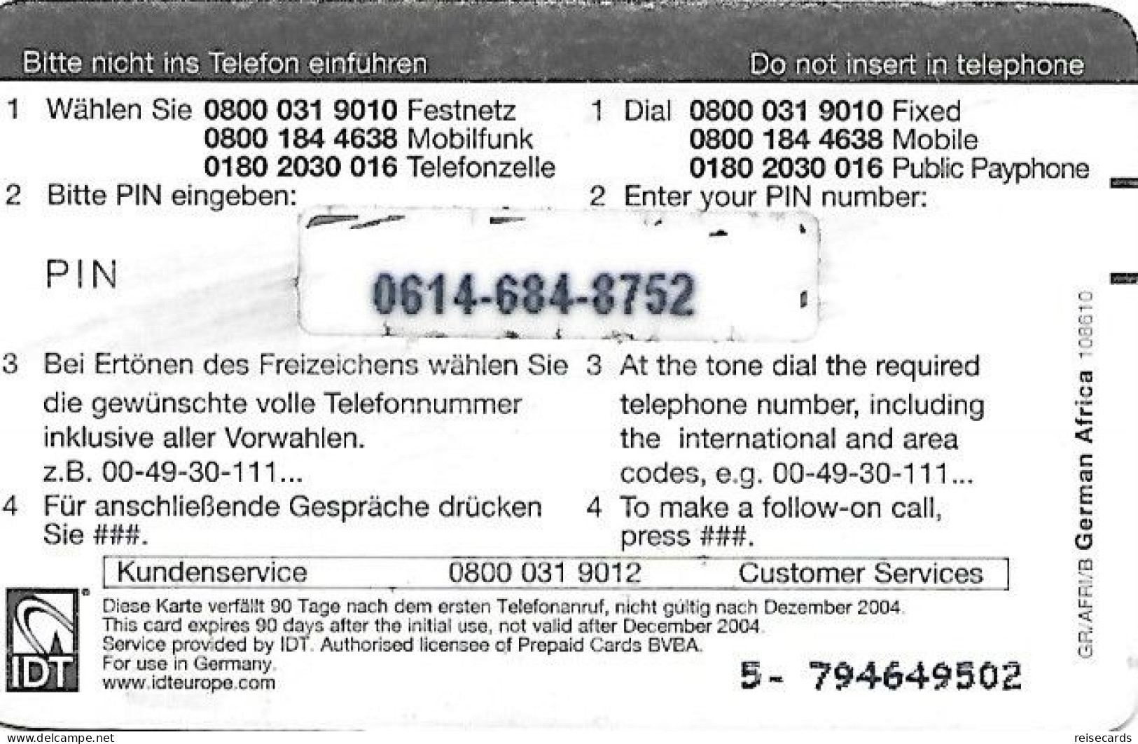 Germany: Prepaid IDT Afrika Karte 12.04 - Cellulari, Carte Prepagate E Ricariche