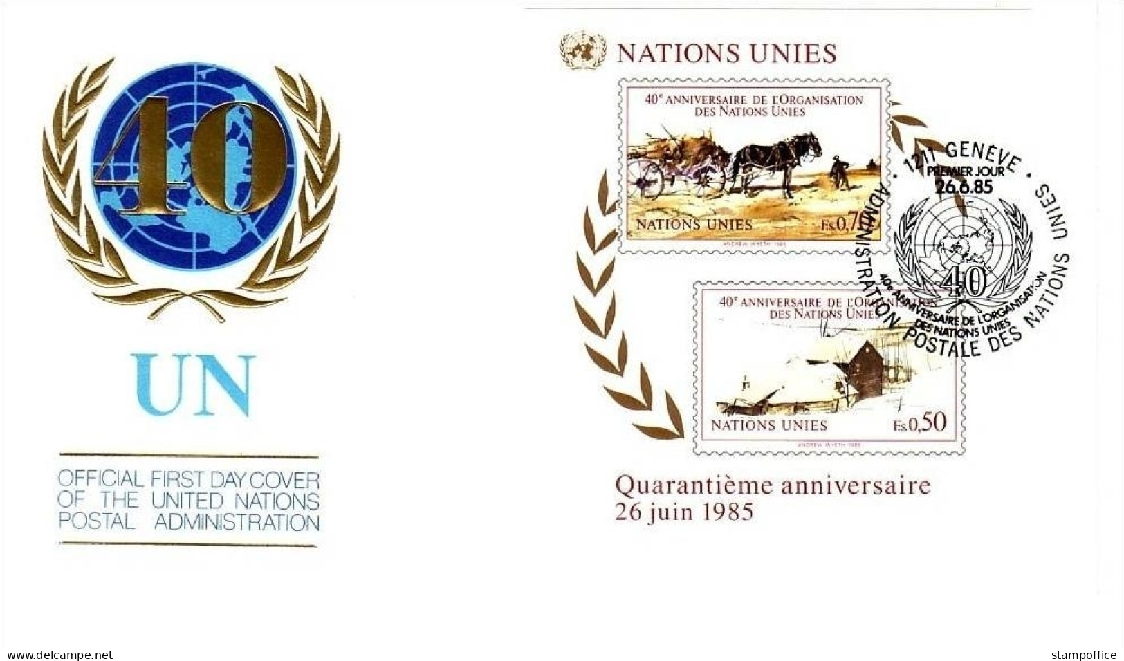 UNO GENF BLOCK 3 FDC 40 JAHRE UNO 1985 PFERD MIT KARREN - Cavalli