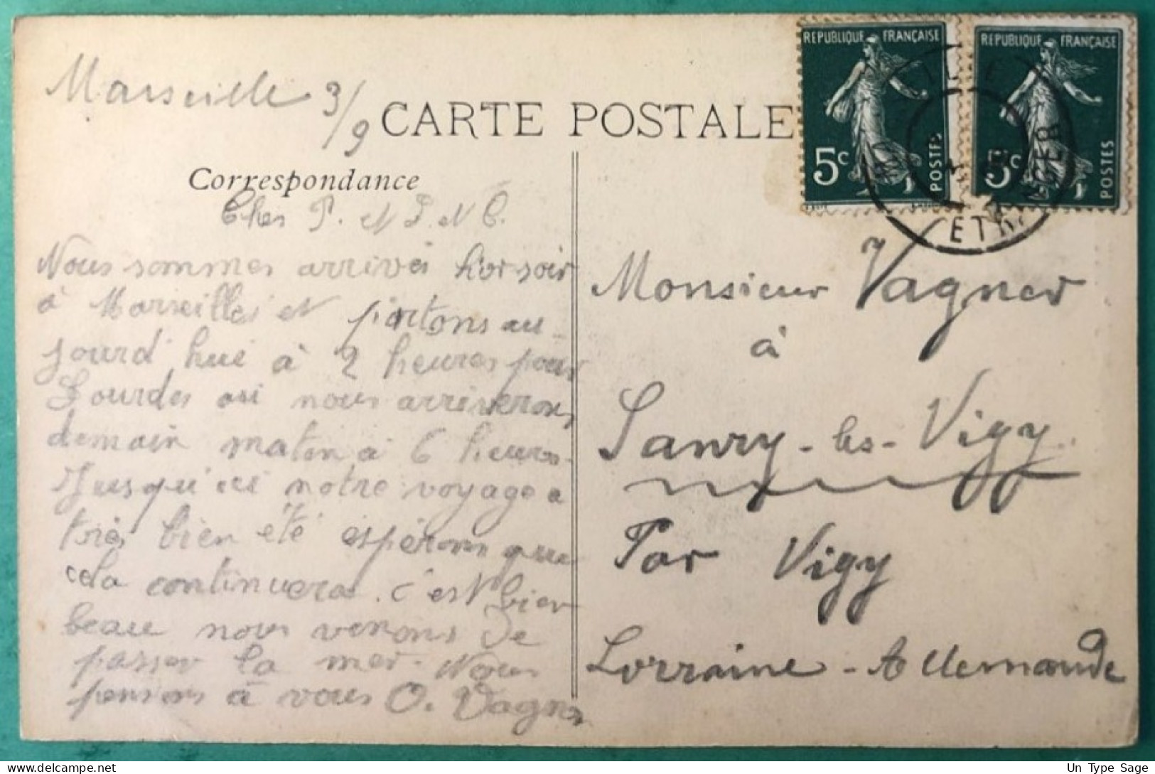 France N°137 (x2) Sur CPA, TAD MARSEILLE / ETRANGER 1908 - (A1132) - 1877-1920: Semi-Moderne