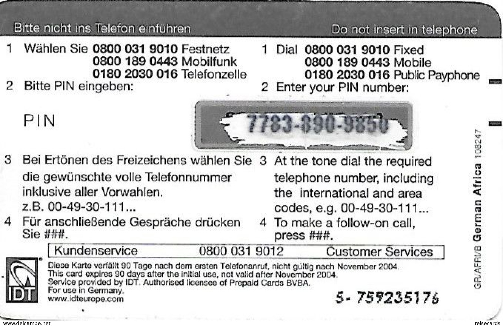 Germany: Prepaid IDT Afrika Karte 11.04 - [2] Mobile Phones, Refills And Prepaid Cards