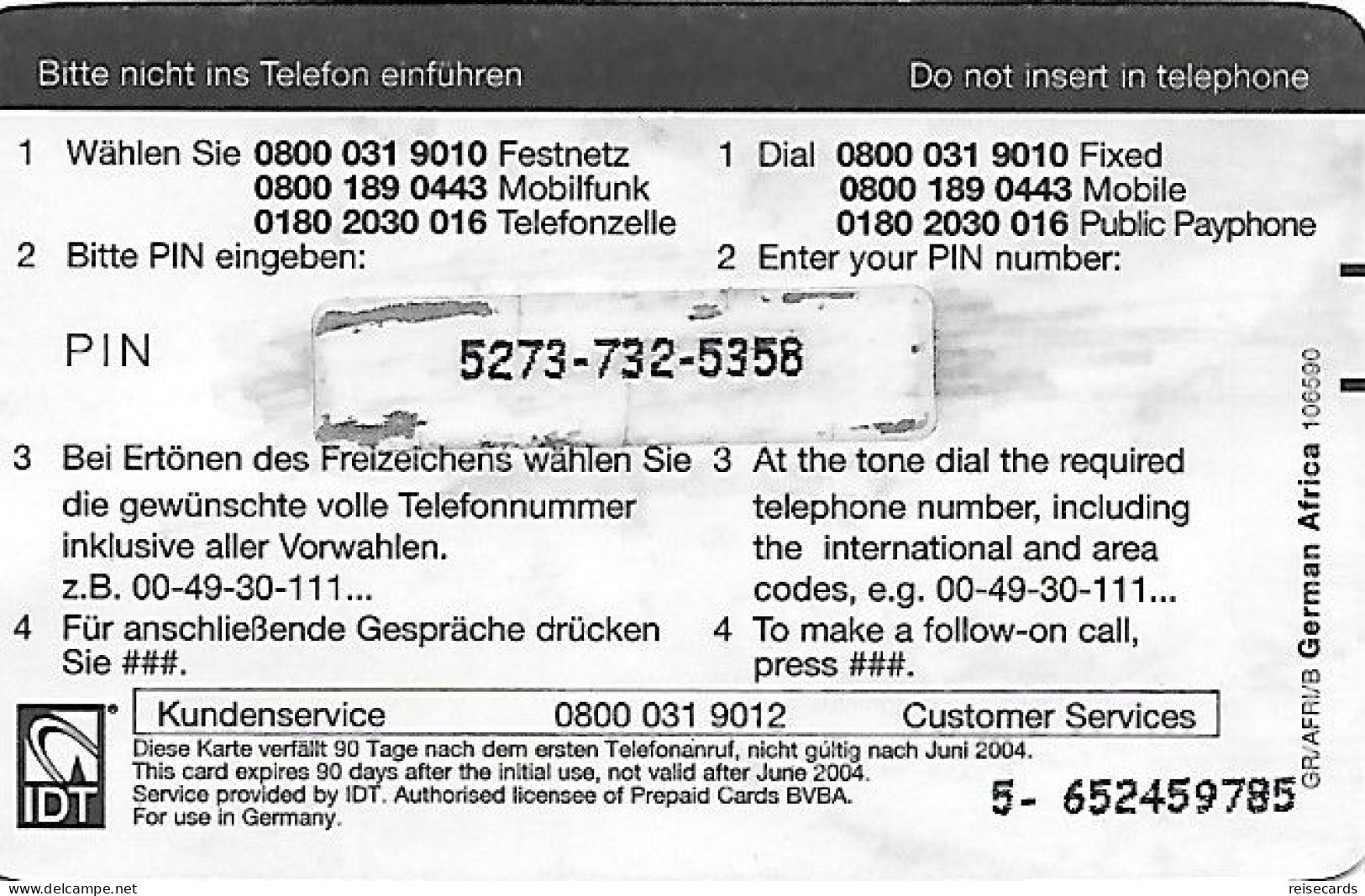 Germany: Prepaid IDT Afrika Karte 06.04 - [2] Mobile Phones, Refills And Prepaid Cards