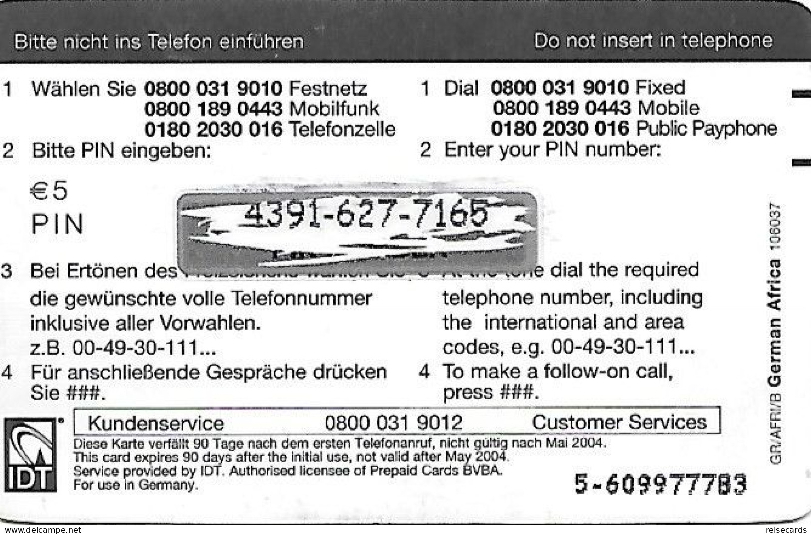 Germany: Prepaid IDT Afrika Karte 05.04 - GSM, Cartes Prepayées & Recharges