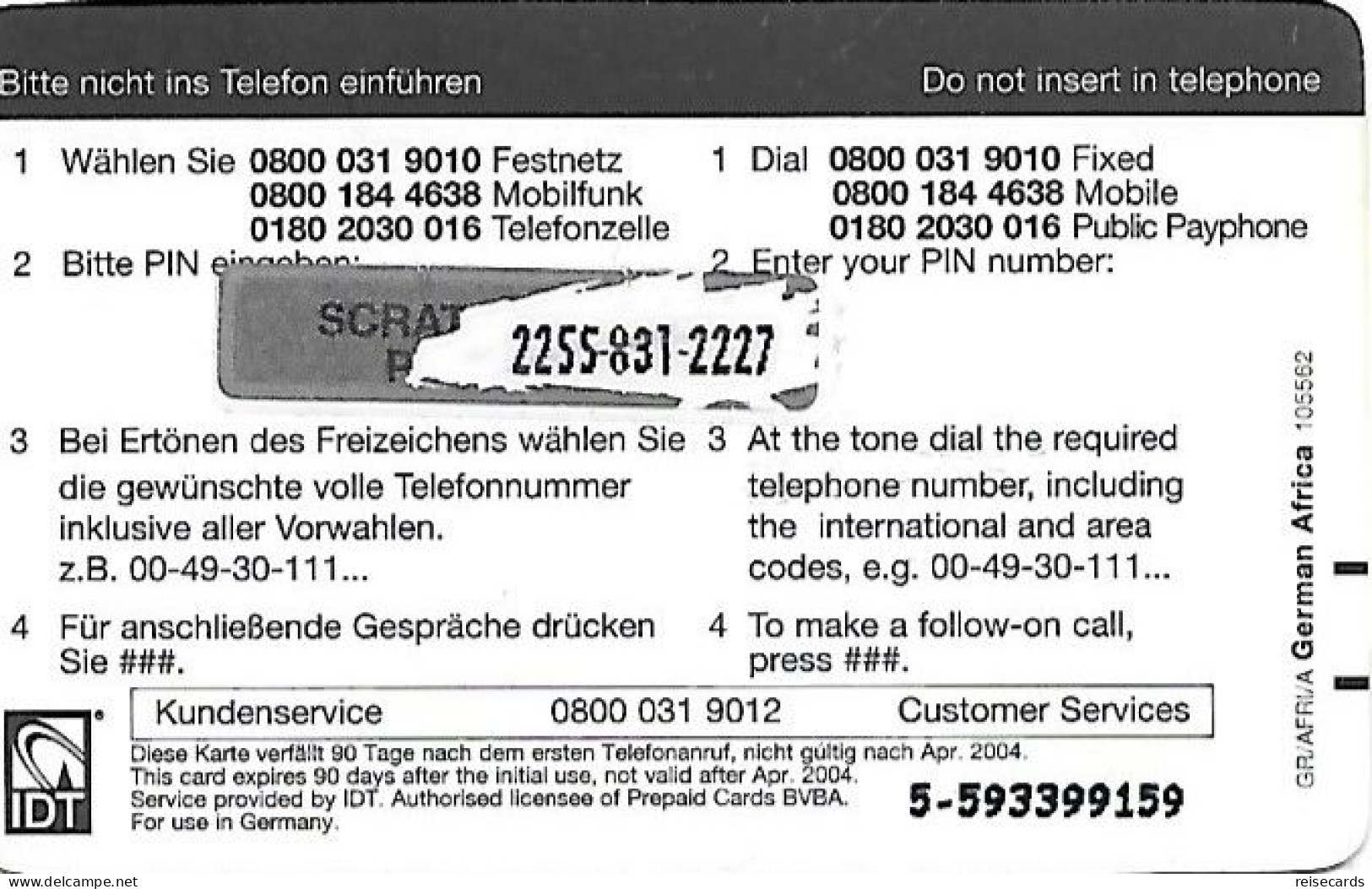 Germany: Prepaid IDT Afrika Karte 04.04 - [2] Móviles Tarjetas Prepagadas & Recargos