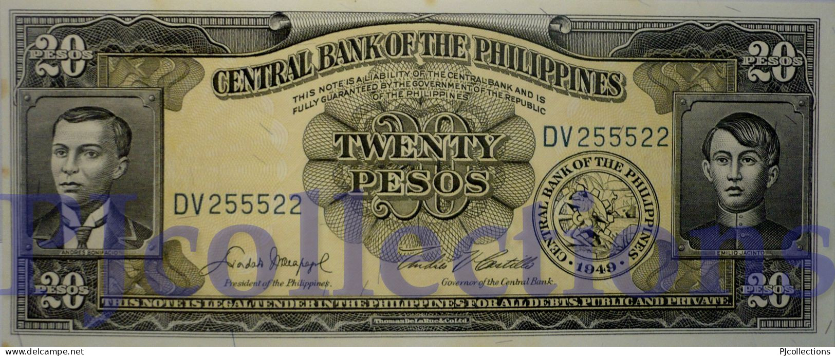 PHILIPPINES 20 PESOS 1949 PICK 137d UNC GOOD SERIAL NUMBER "DV255522" - Philippinen